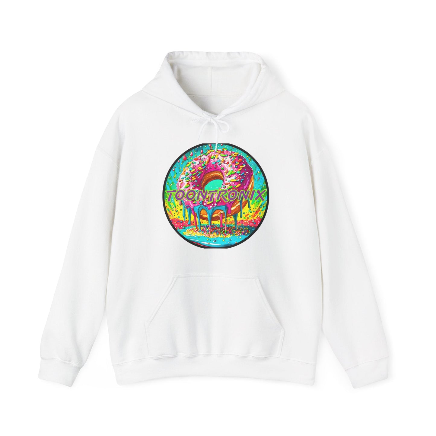 Unisex white Toontronix Donut Hoodie with colorful graphic design.