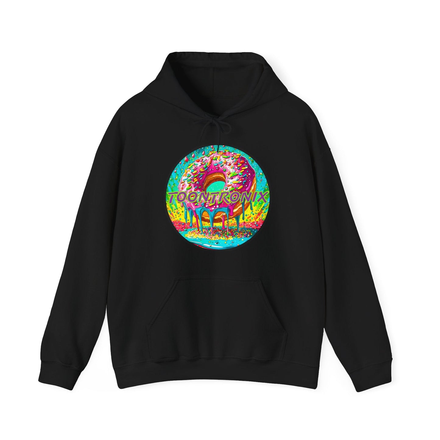 Unisex Toontronix Donut Hoodie with colorful graphic design, cozy kangaroo pocket, and adjustable hood.