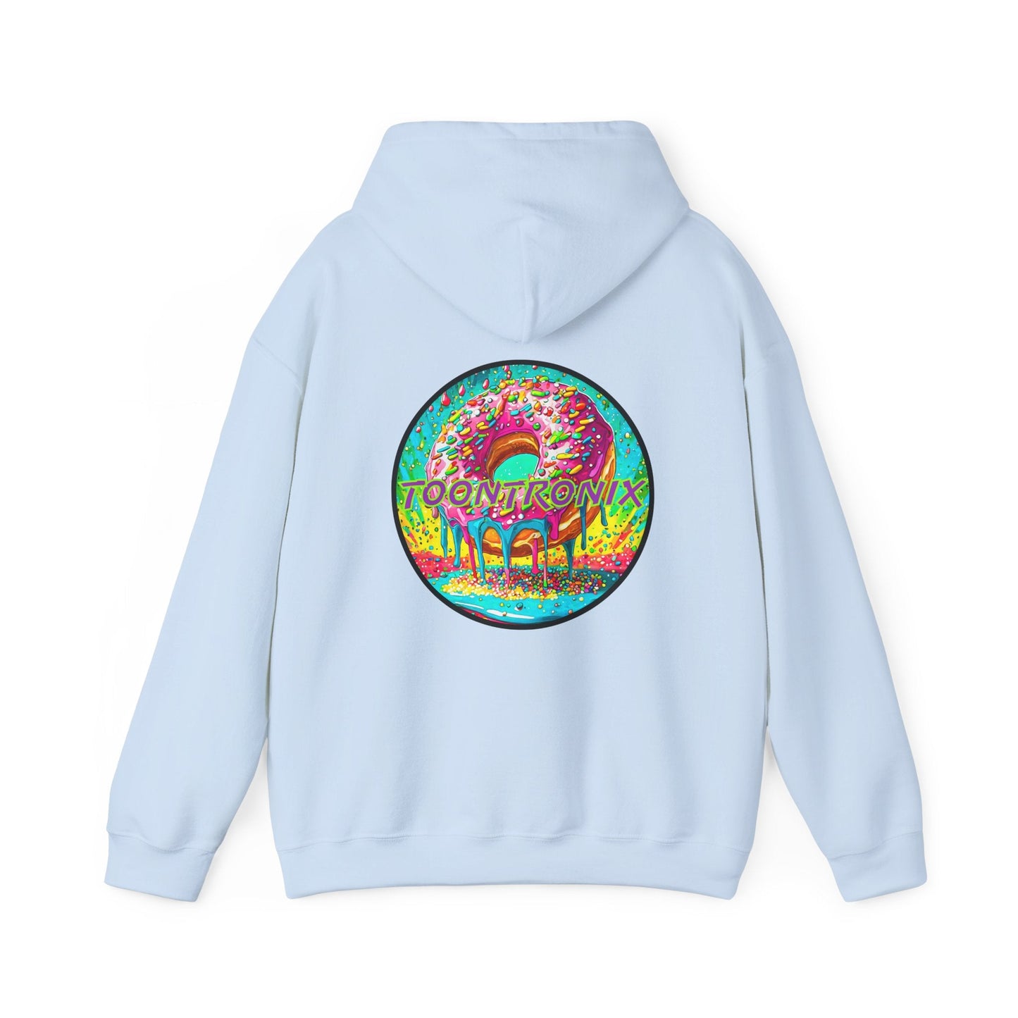 Unisex Toontronix Donut Hoodie with vibrant donut design on the back.