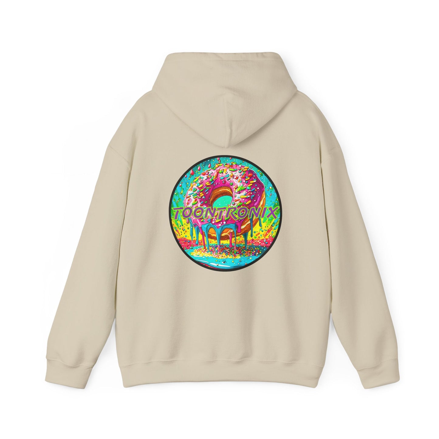 Unisex Toontronix Donut Hoodie with colorful design on back, featuring kangaroo pocket and drawstring hood.