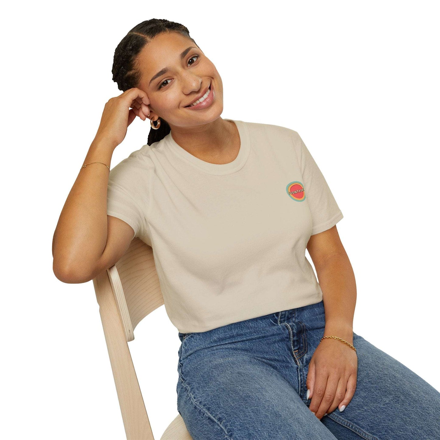 Toontronix Atomic Tv Tee featuring vintage cartoon design, worn by smiling person, showcasing casual style and comfort.