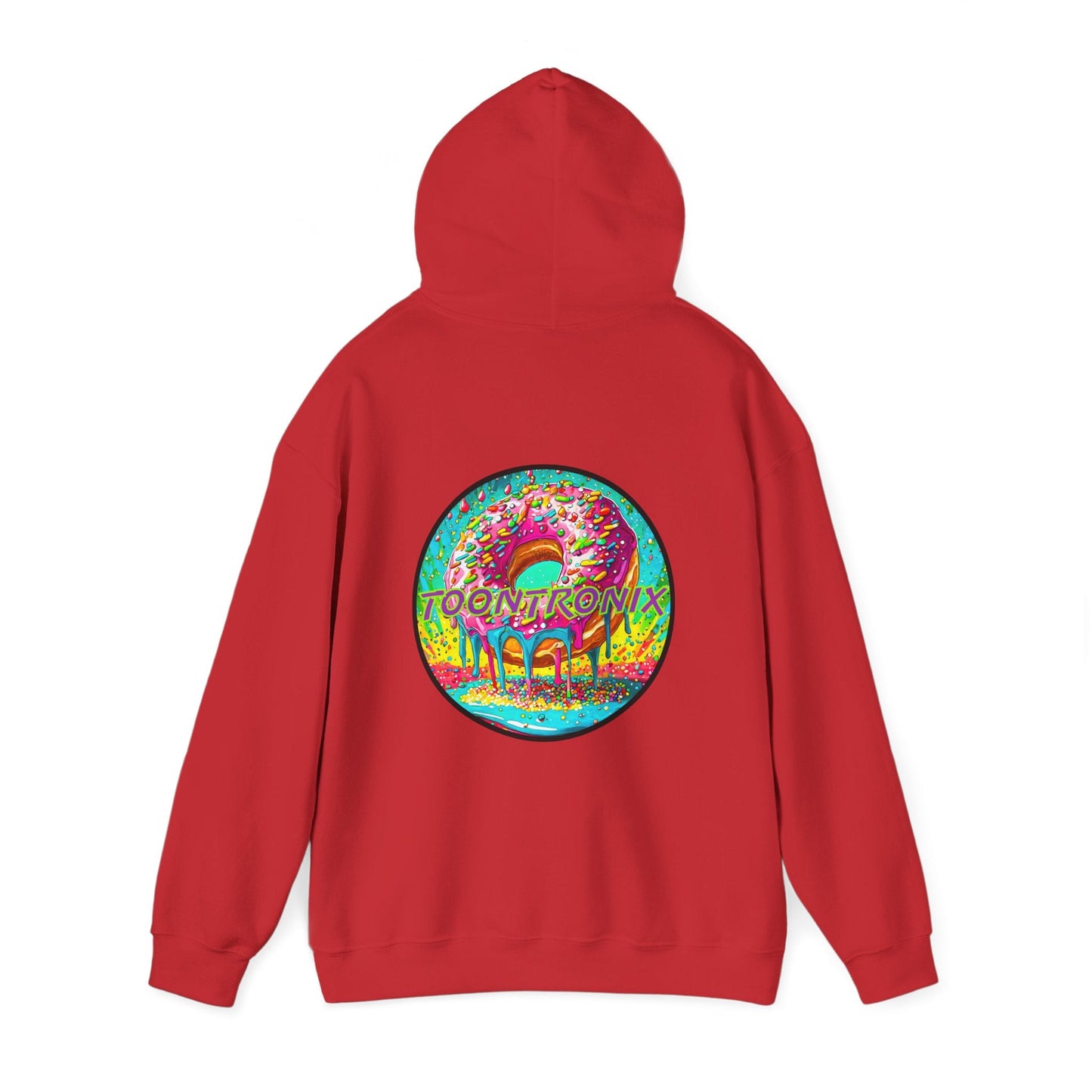 Toontronix Donut Hoodie in red featuring colorful back graphic design.
