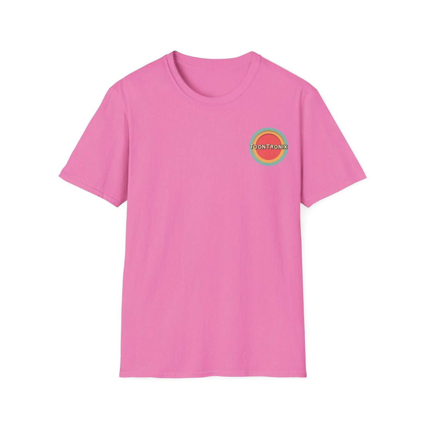 Unisex Toontronix Tv Tee in pink with ribbed collar and Toontronix logo.