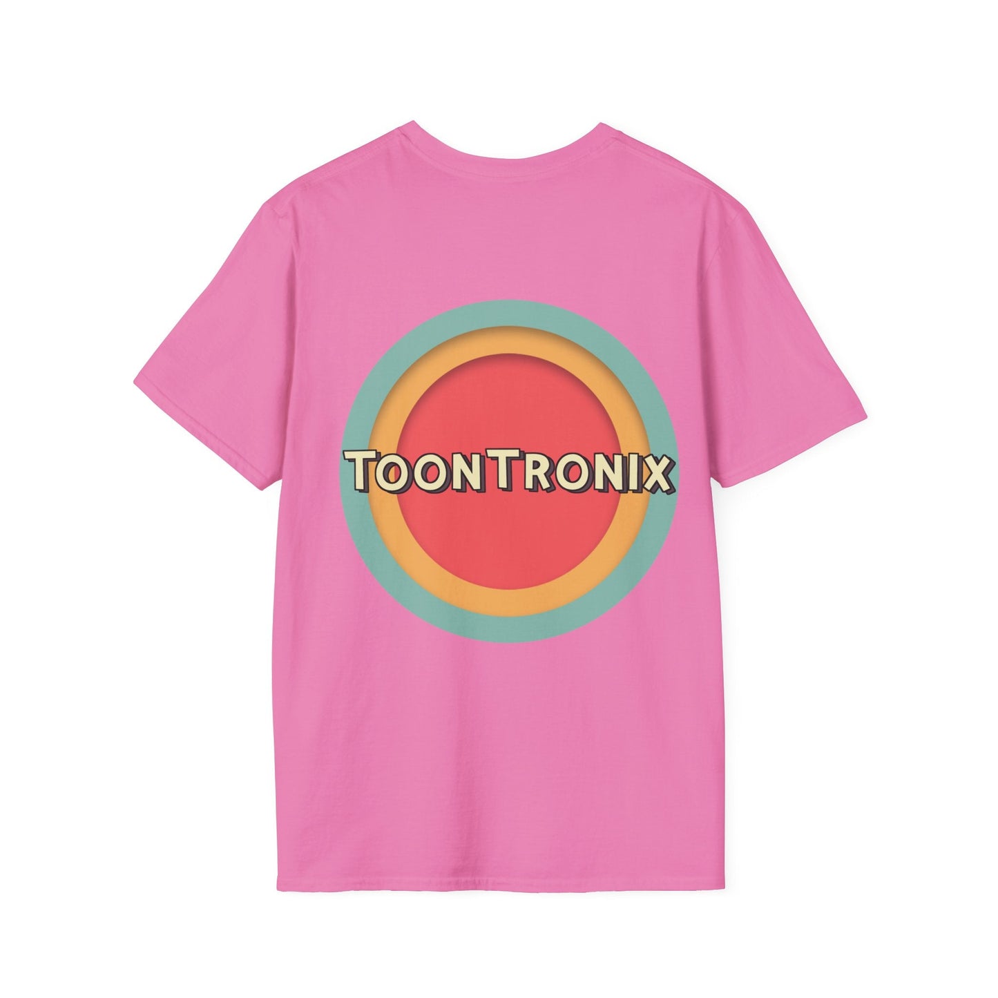 Pink Toontronix Toons Logo Tee with colorful circular graphic.
