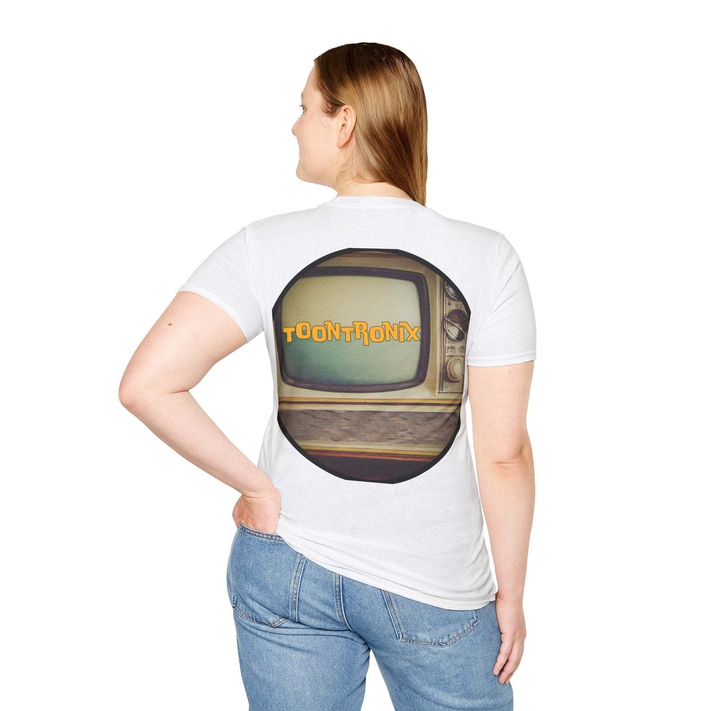 White Toontronix Atomic Tv Tee with vintage cartoon design, worn by woman, back view.