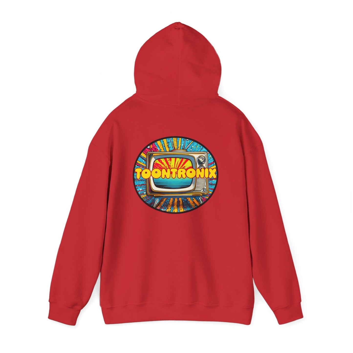 Unisex Toontronix TV Hoodie in red with a colorful TV graphic on the back, featuring a kangaroo pocket and adjustable drawstring hood.