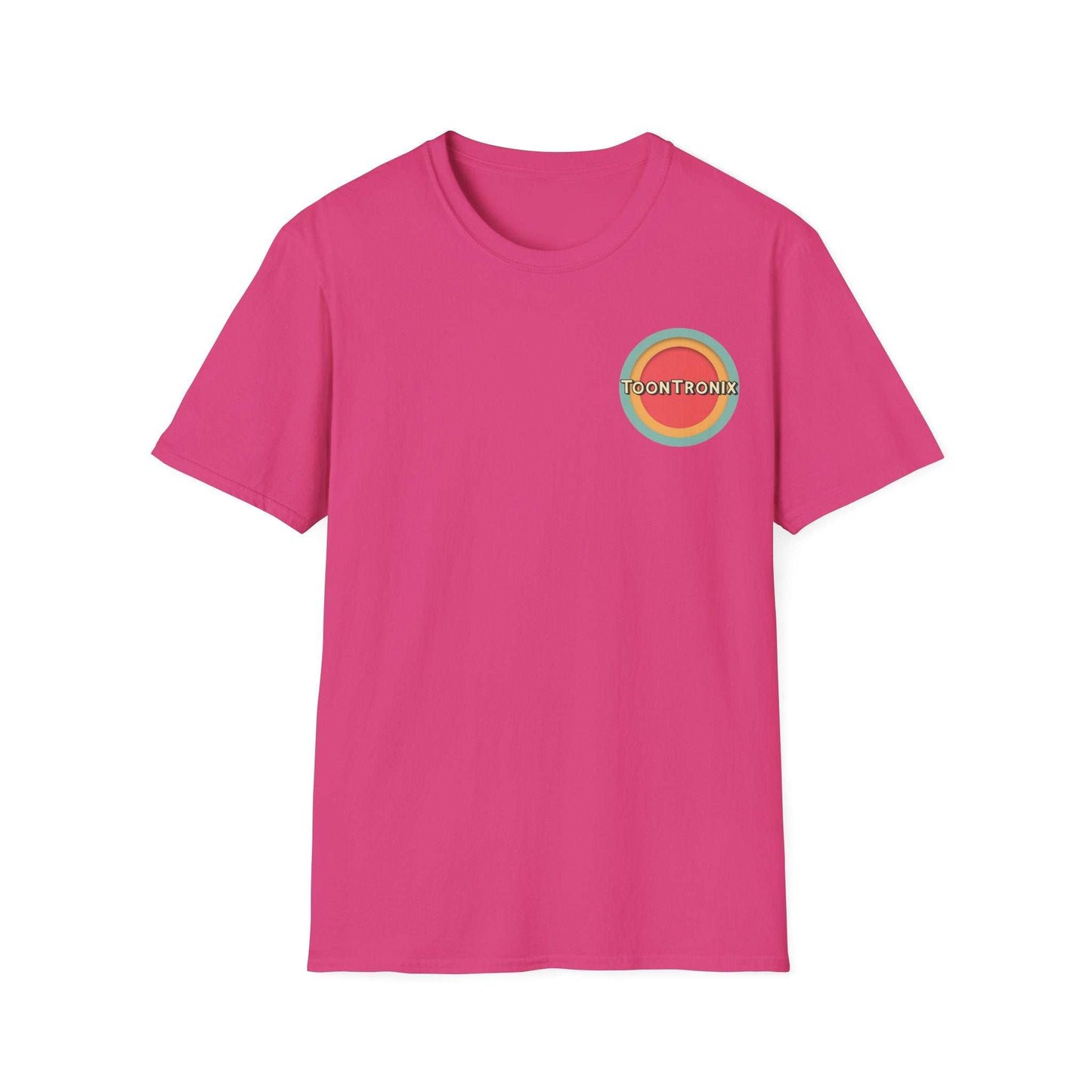 Toontronix Toons Logo Tee with classic fit and ribbed collar in pink, ideal for casual wear and fans of animated characters.