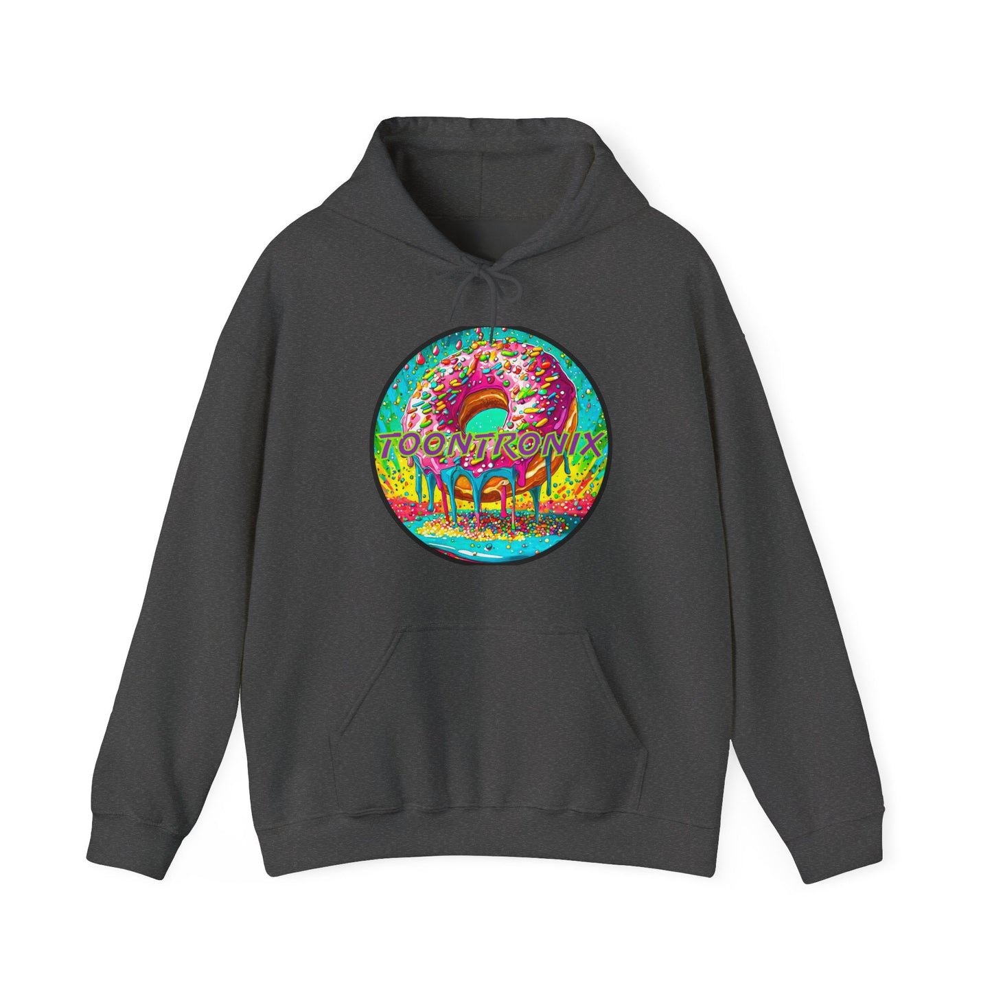 Unisex Toontronix Donut Hoodie with colorful graphic and kangaroo pocket.