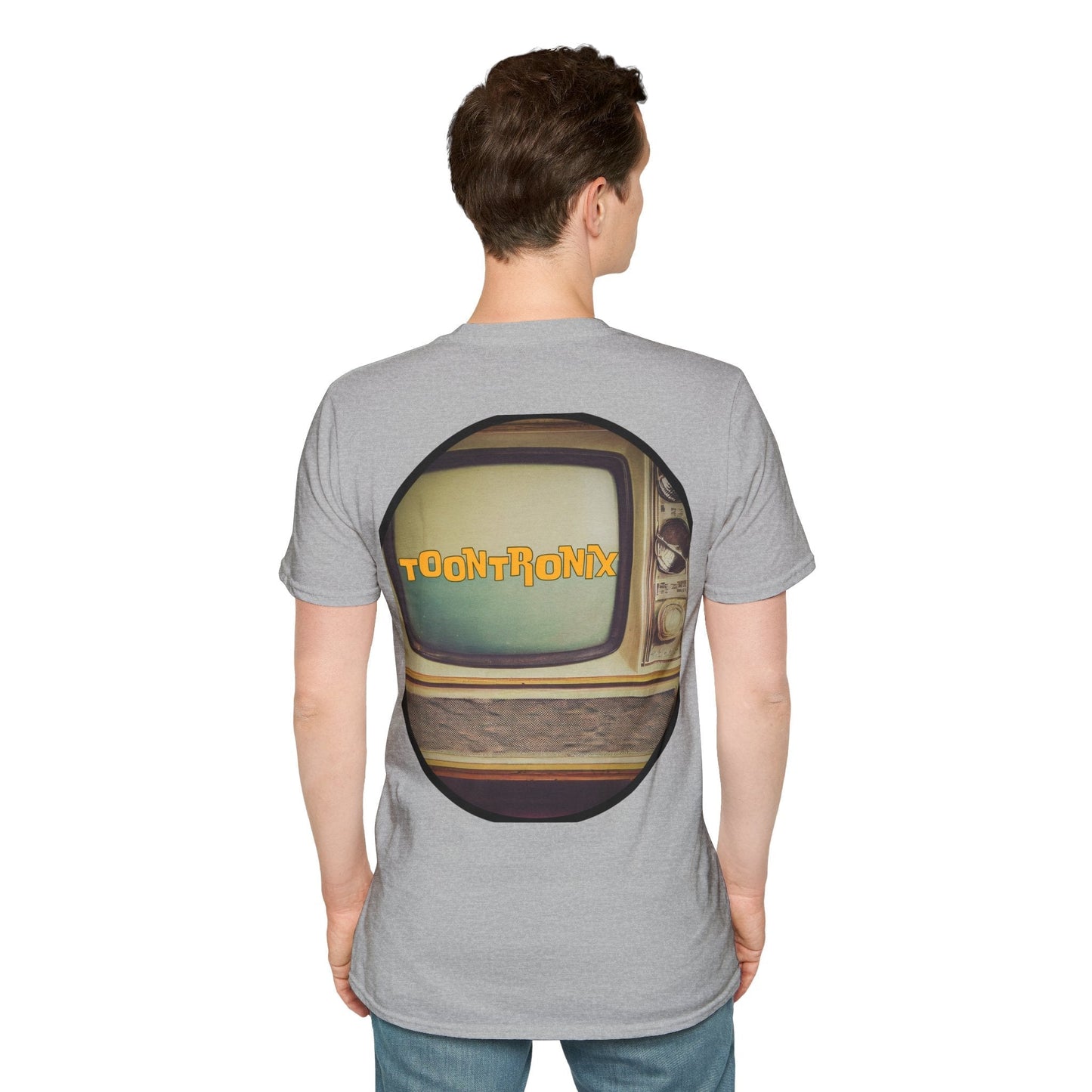 Toontronix Atomic Tv Tee featuring a vintage cartoon design on the back, ideal for retro art fans.