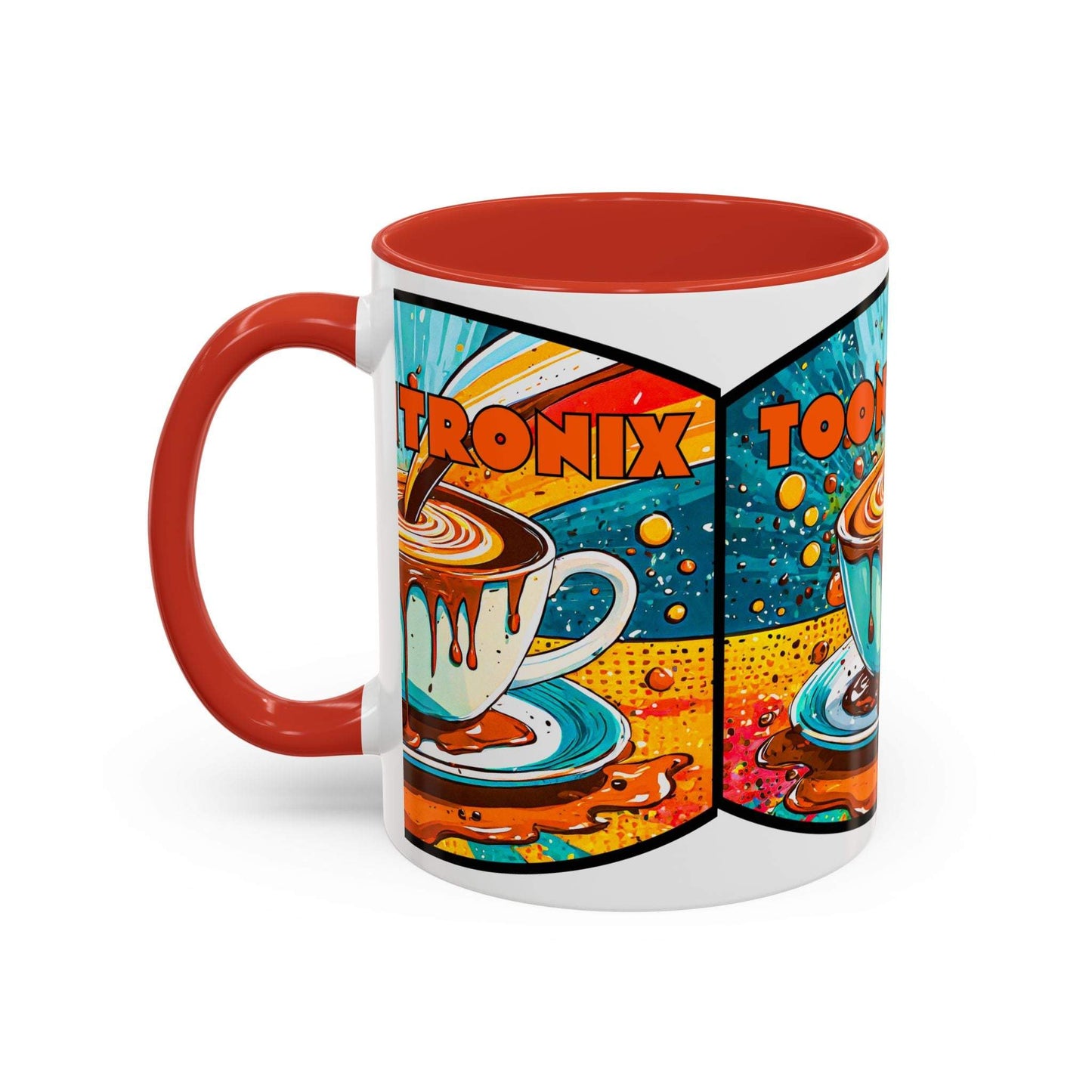 Vibrant coffee mug with colorful ceramic design and retro art style.