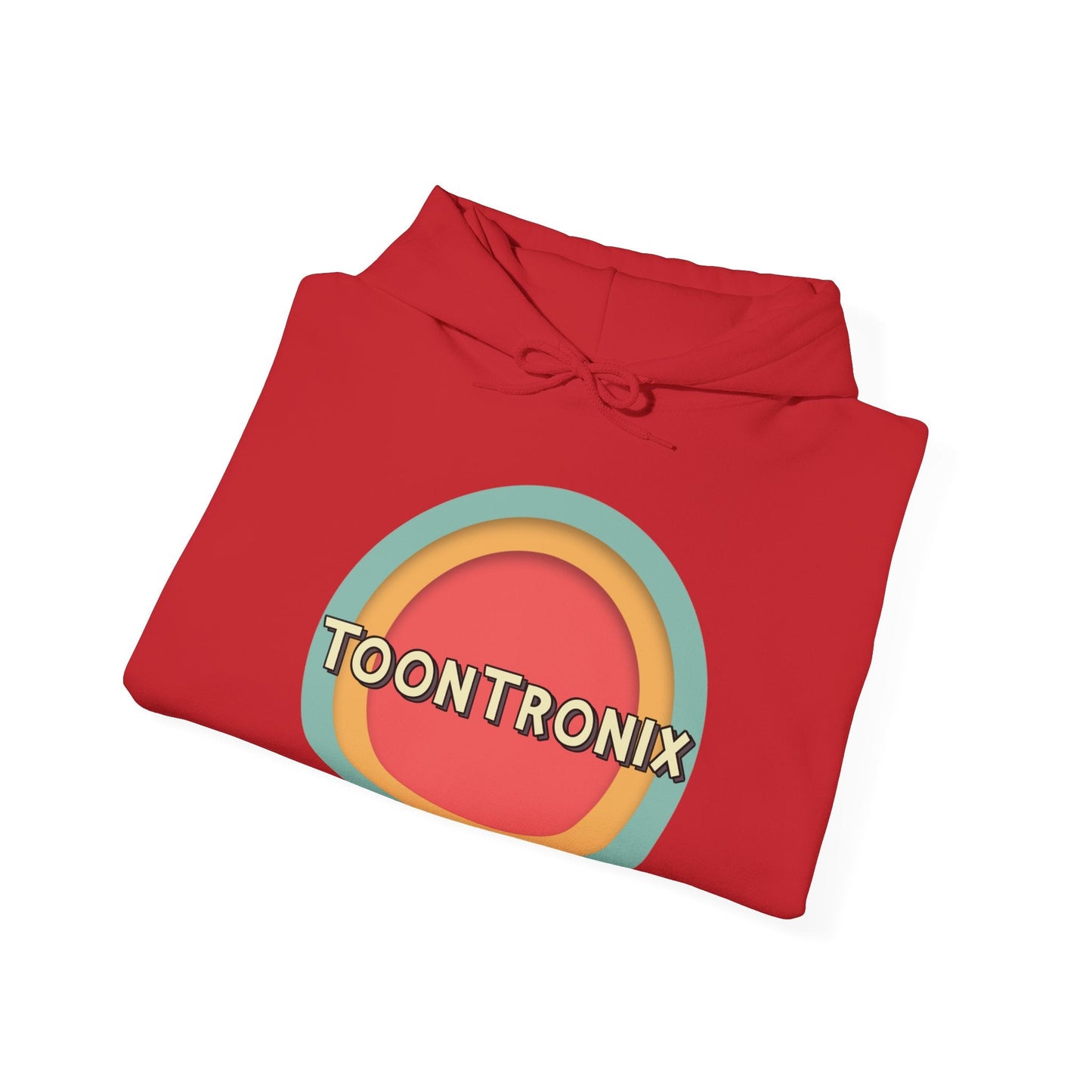 Toontronix Toons Logo Hoodie - Unisex Heavy Blend™ Sweatshirt in red with vibrant logo.