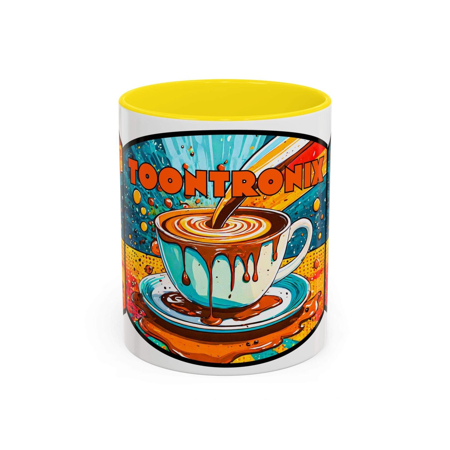 Vibrant Coffee Mug with Colorful Retro Art Design and Dripping Coffee Graphic