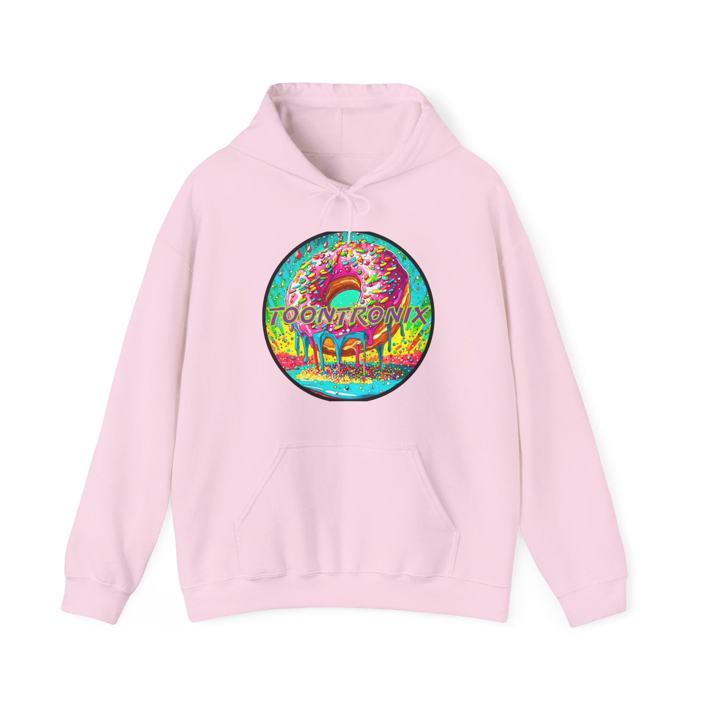 Toontronix Donut Hoodie in pink with colorful cartoon design, unisex heavy blend sweatshirt.