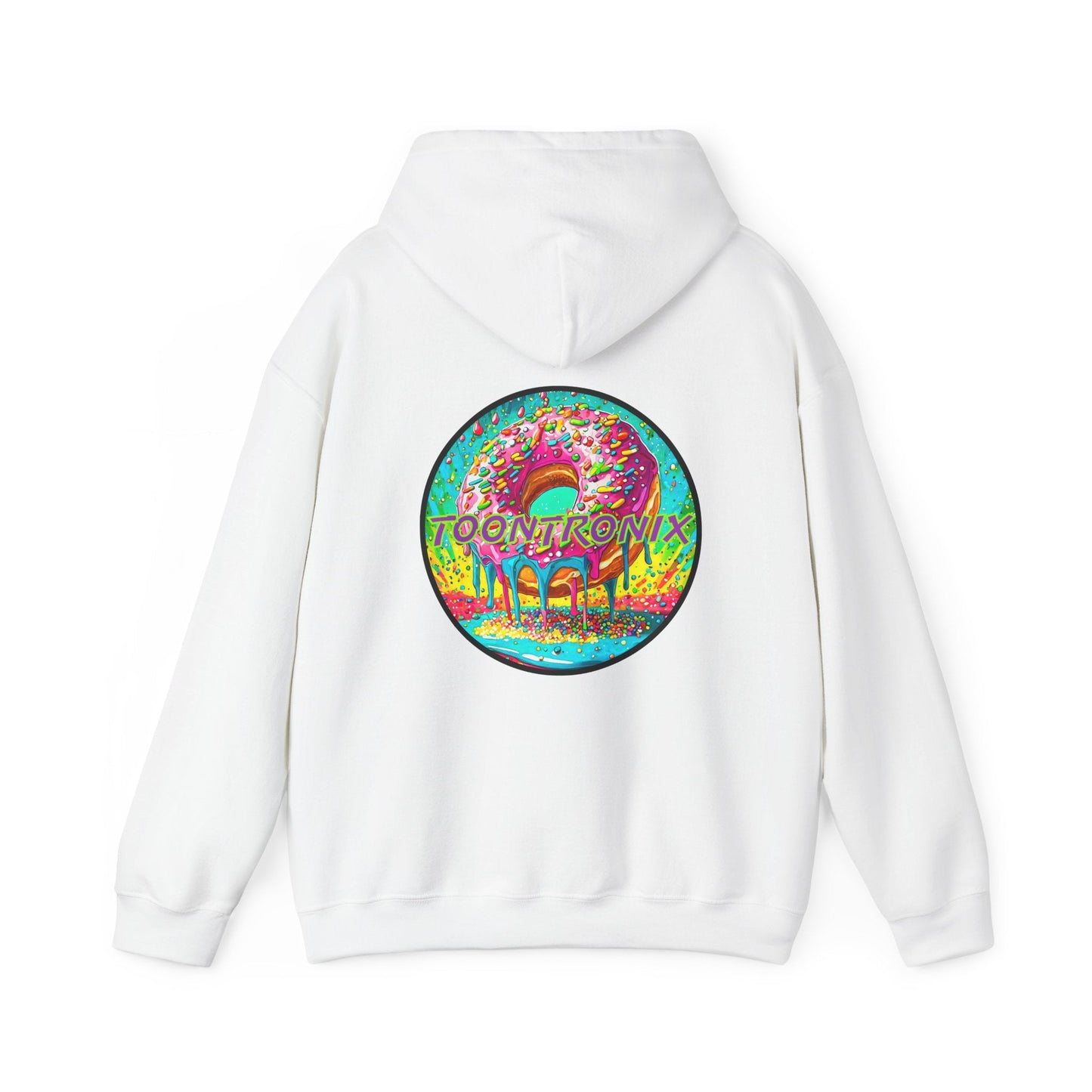 Unisex Toontronix Donut Hoodie with colorful donut graphic on white sweatshirt.