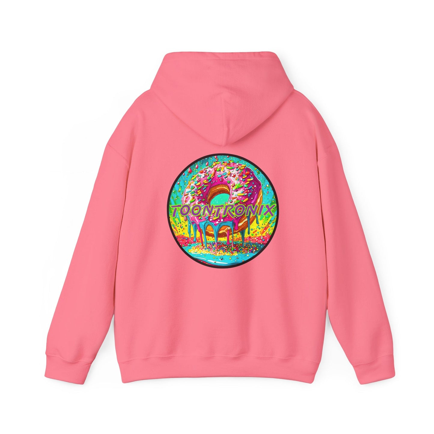 Toontronix Donut Hoodie - Unisex Heavy Blend™ Sweatshirt in pink with colorful donut graphic on the back.