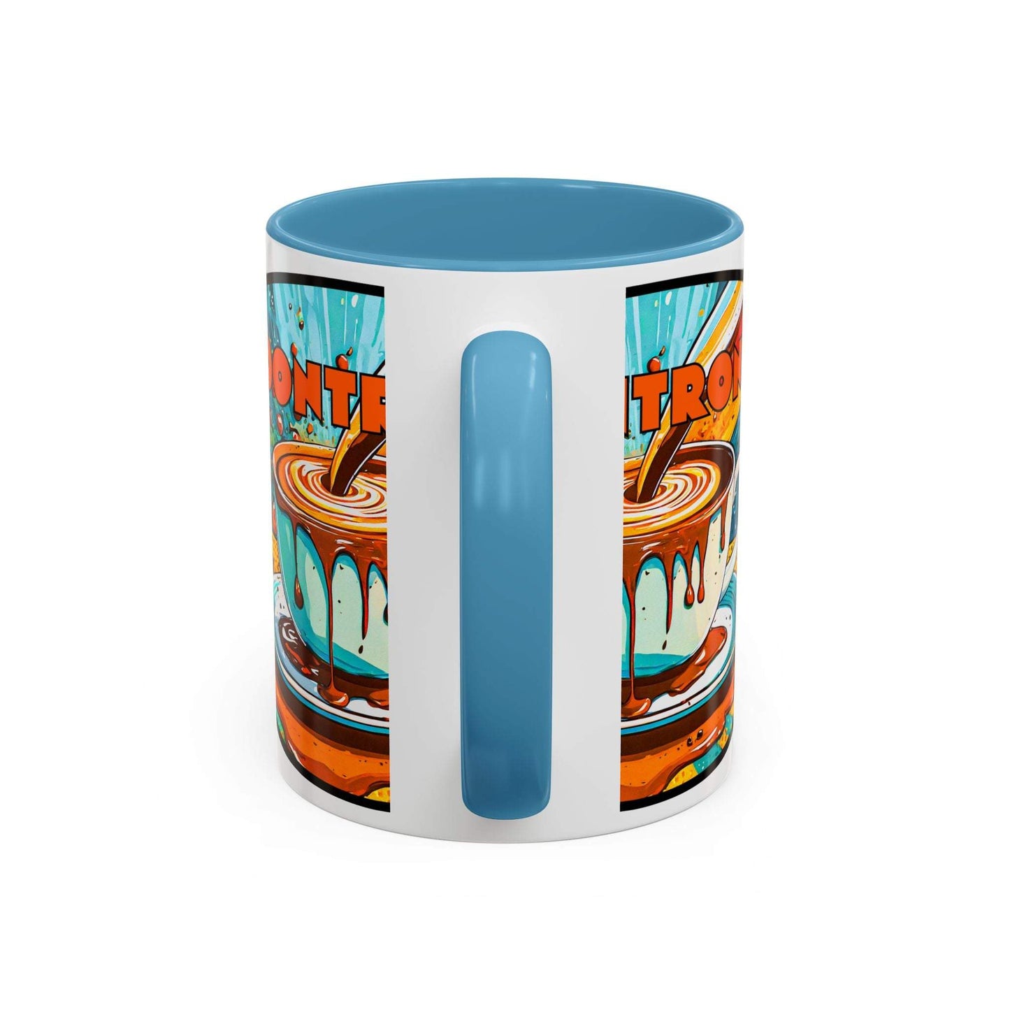 Vibrant coffee mug with colorful retro design, ceramic cup, and blue interior.