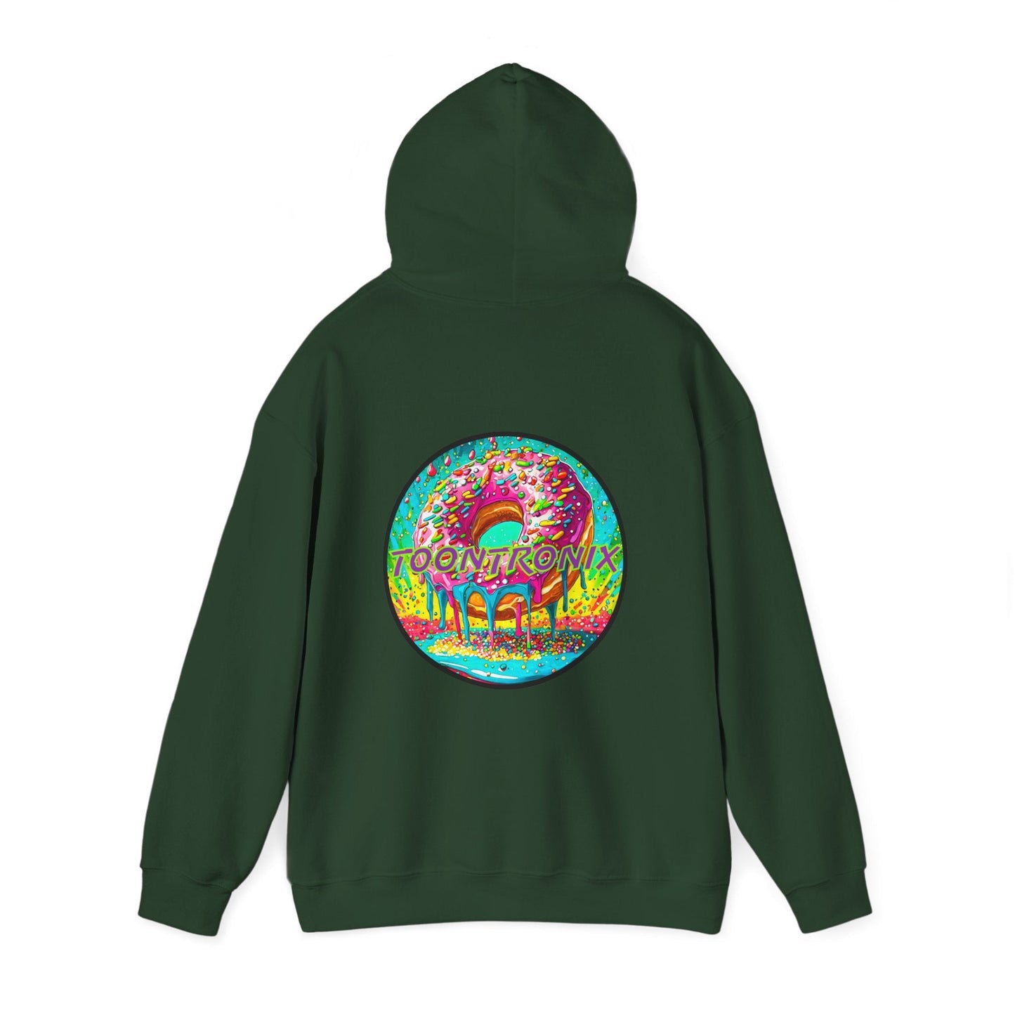 Unisex Toontronix Donut Hoodie with vibrant back print, cozy kangaroo pocket, and adjustable hood.