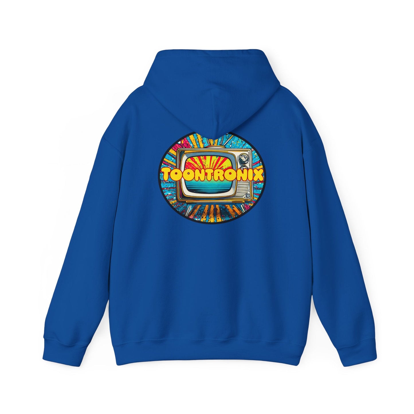 Unisex Toontronix TV Hoodie with vibrant donut design; cozy heavy blend fabric; perfect for casual outings.