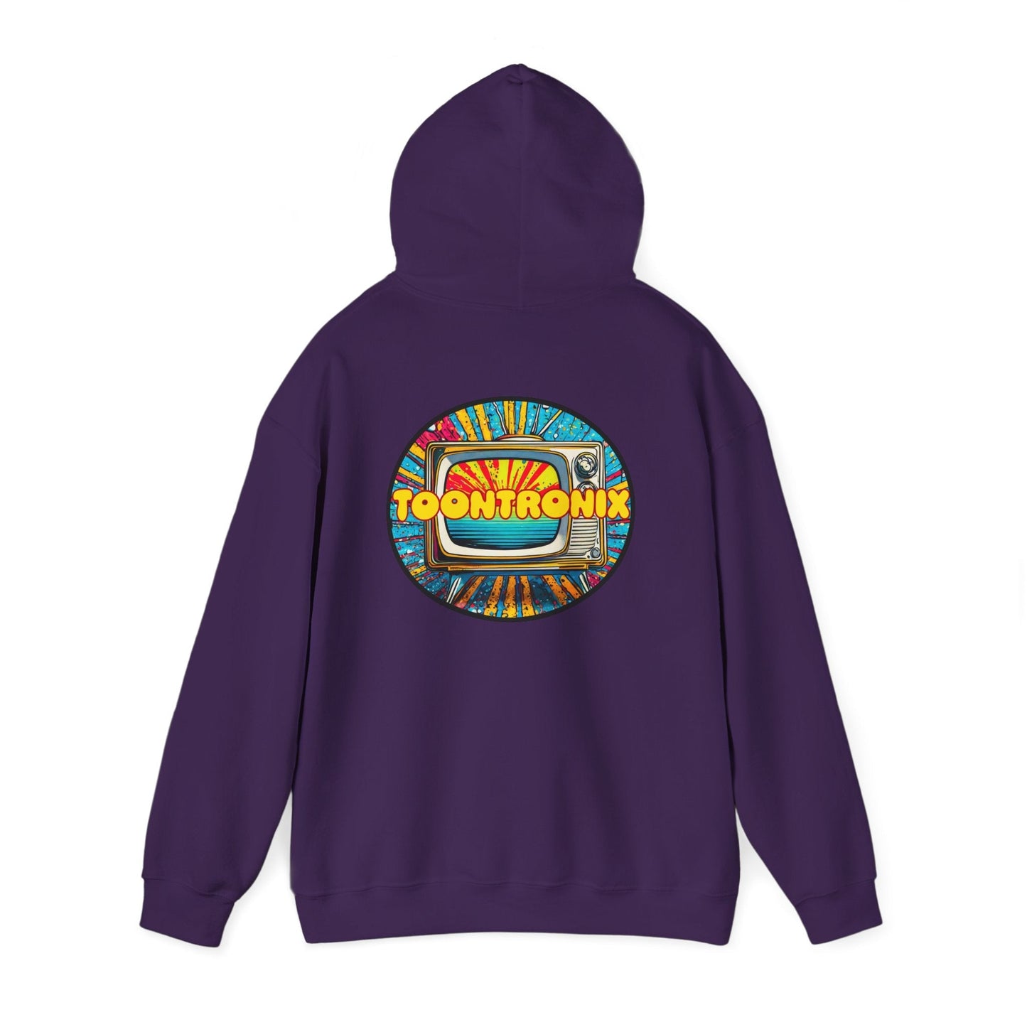Unisex heavy blend hoodie with vibrant Toontronix graphic on back, featuring kangaroo pocket and adjustable drawstring hood.