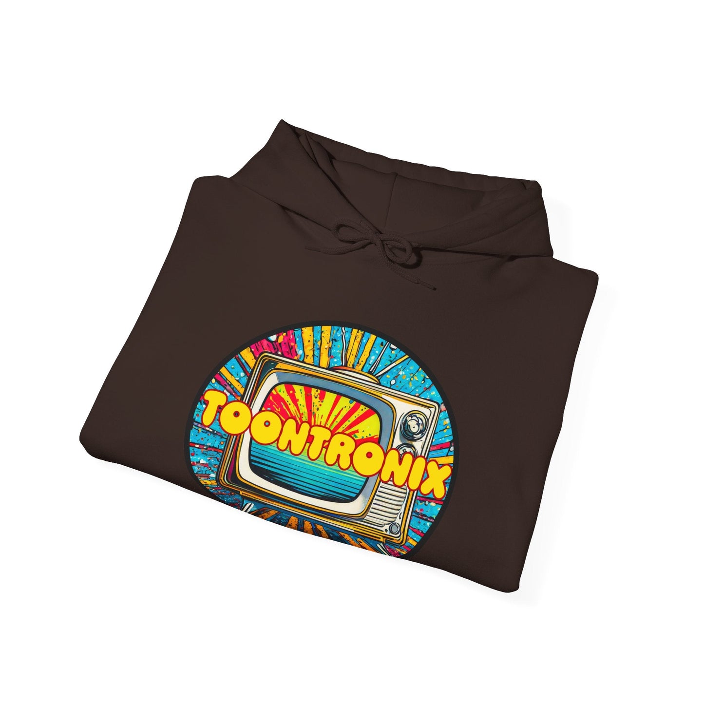 Unisex Toontronix TV Hoodie with colorful graphic and adjustable drawstring on folded sweatshirt.