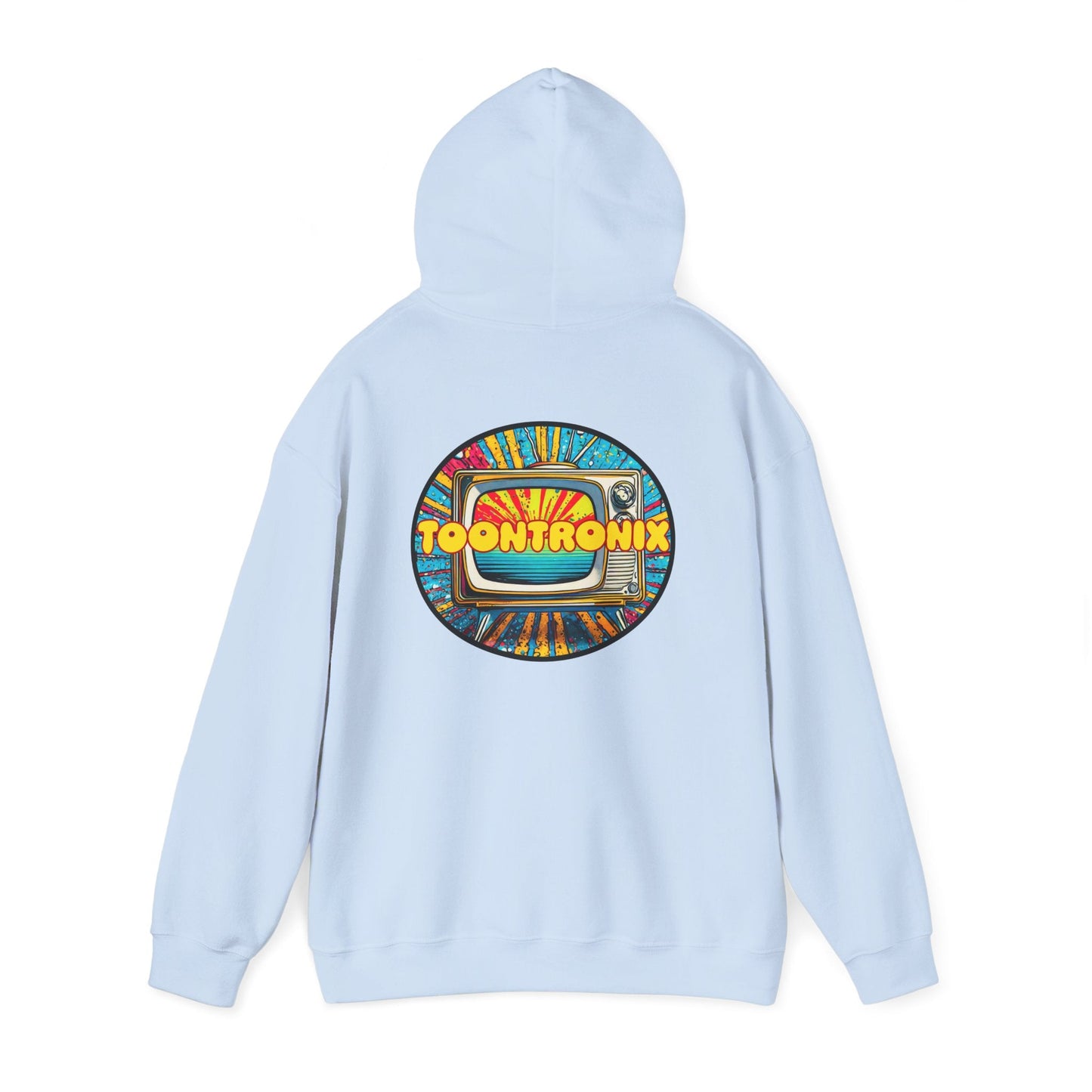 Toontronix Donut Hoodie with colorful back graphic, spacious kangaroo pocket, and adjustable hood.