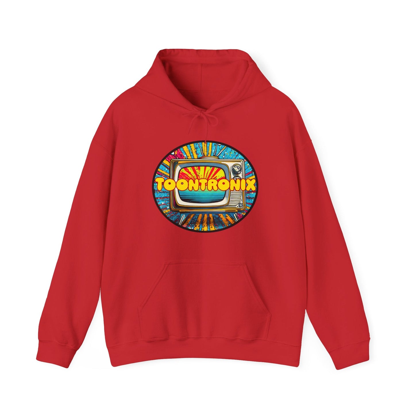 Red Toontronix TV Hoodie with vibrant logo design, featuring spacious kangaroo pocket and adjustable drawstring hood. Unisex heavy blend sweatshirt for cozy comfort.