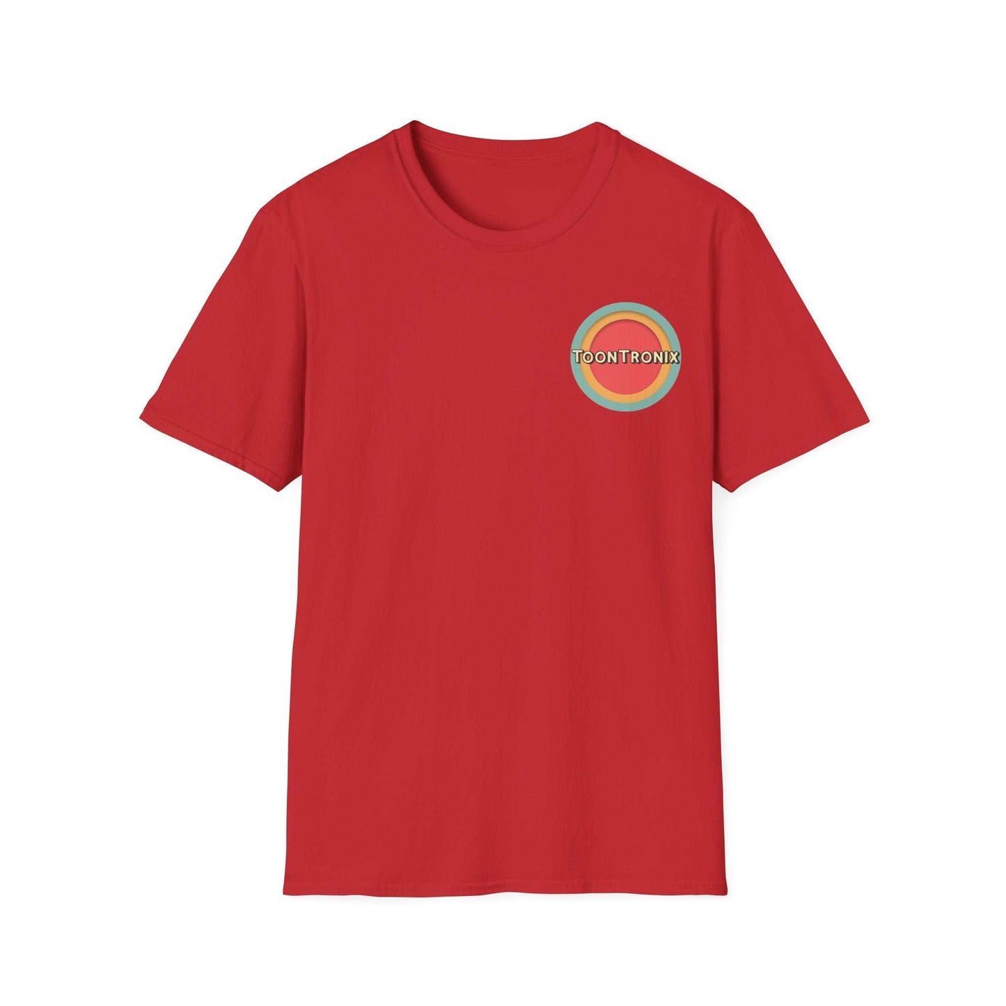 Toontronix Toons Logo Tee in red, featuring a classic fit and ribbed collar, perfect for fans and casual wear.