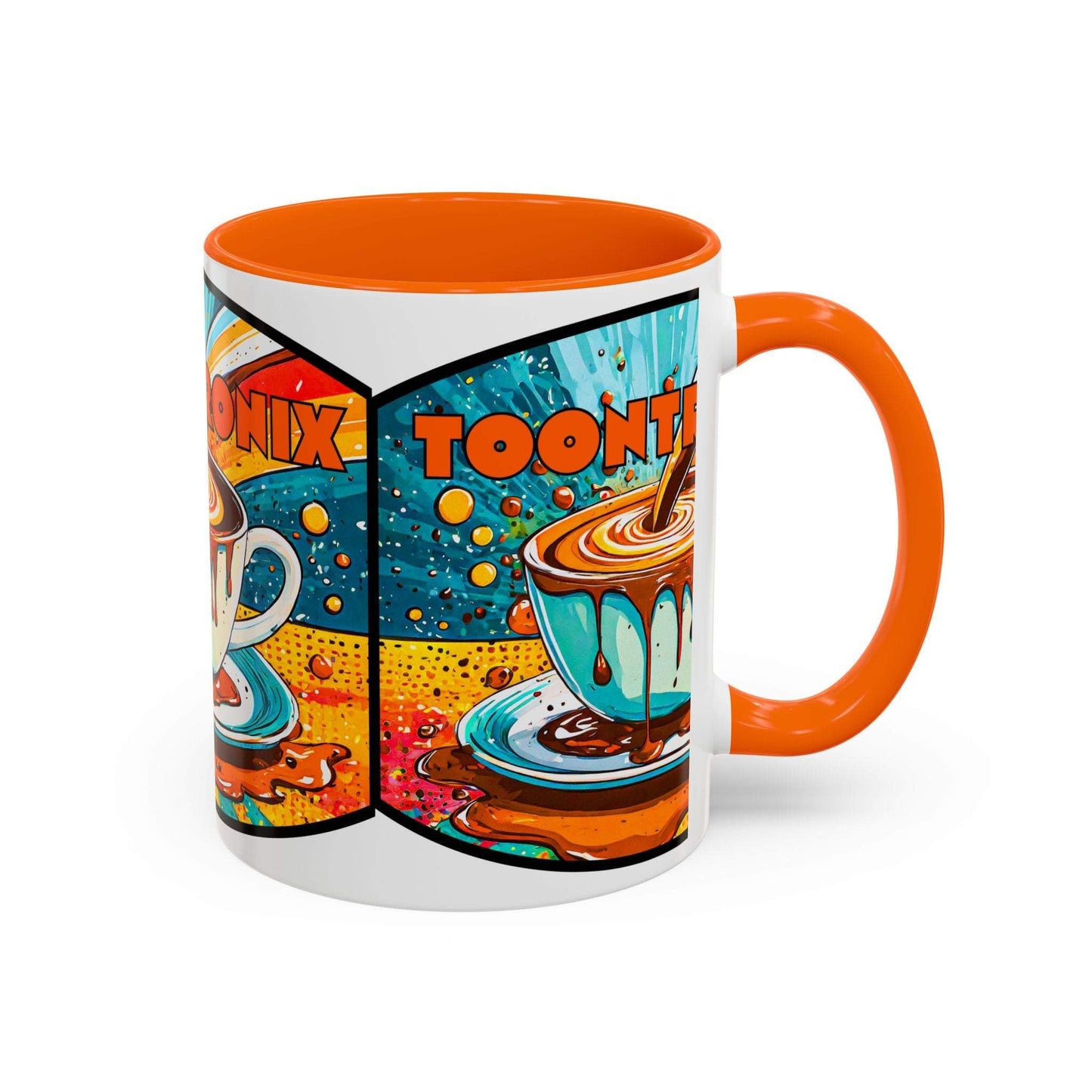 Vibrant coffee mug with colorful retro art design, perfect for coffee lovers.