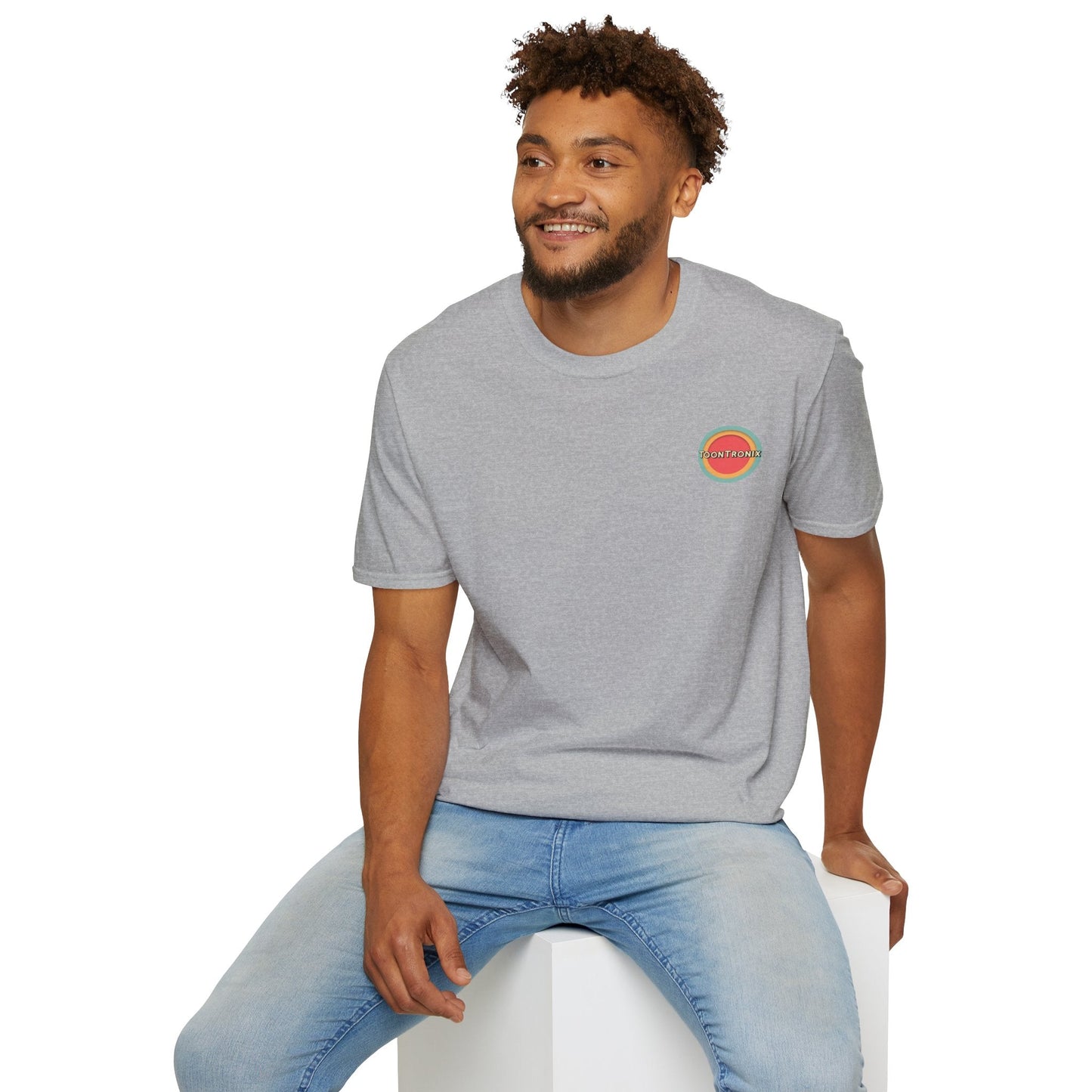 Toontronix Atomic Tv Tee with vintage cartoon design, worn casually by a man.