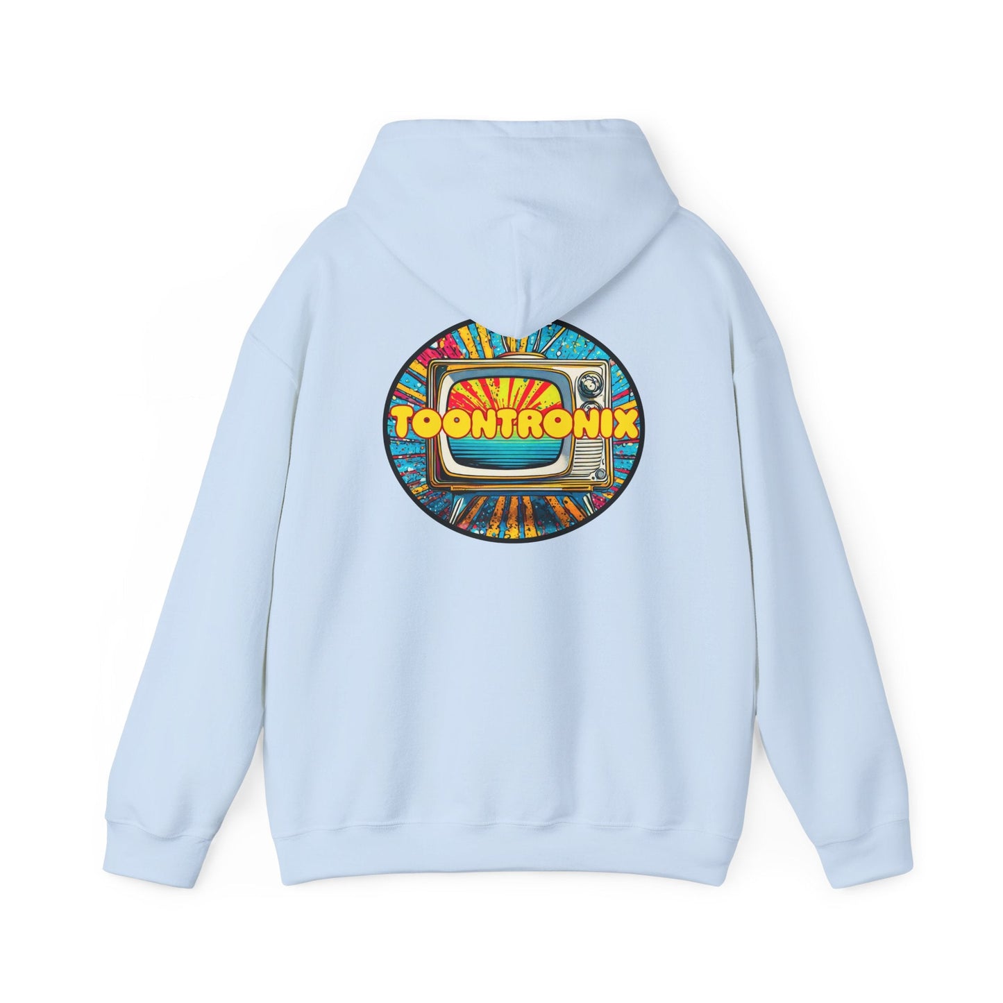 Unisex hoodie featuring a vibrant "Toontronix" logo on the back, ideal for cozy and stylish casual wear.