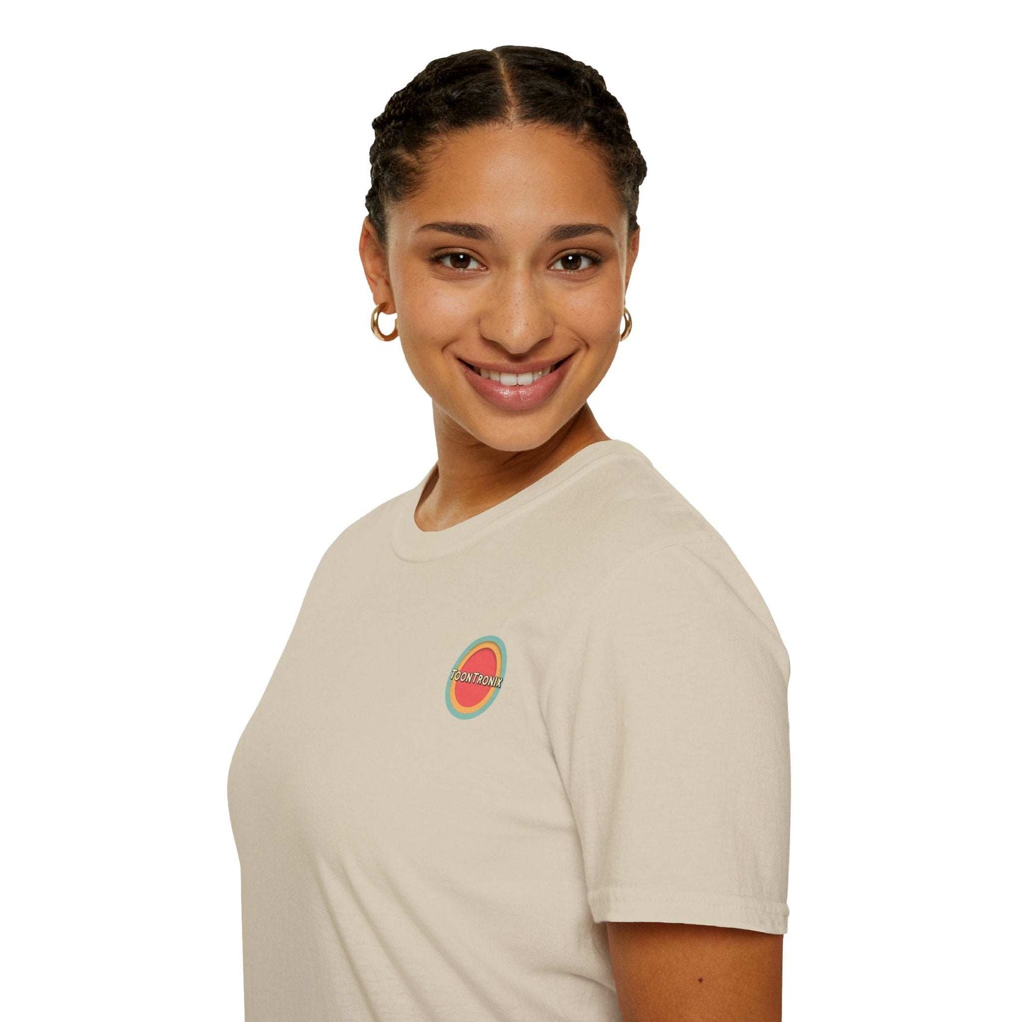 Person wearing Toontronix Atomic Tv Tee, featuring a retro cartoon design and crew neckline.