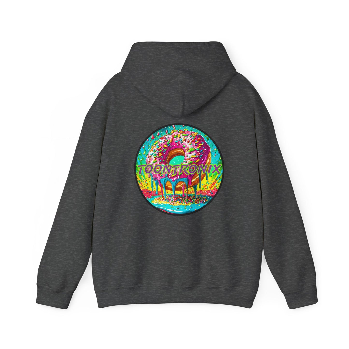Unisex Toontronix Donut Hoodie with vibrant design on back, cozy kangaroo pocket, and adjustable drawstring hood.