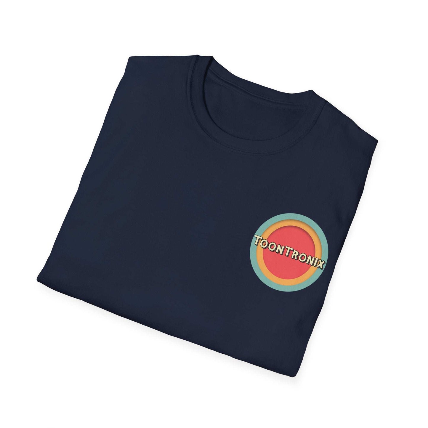 Toontronix Toons Logo Tee with ribbed collar and colorful logo design on folded navy blue fabric.