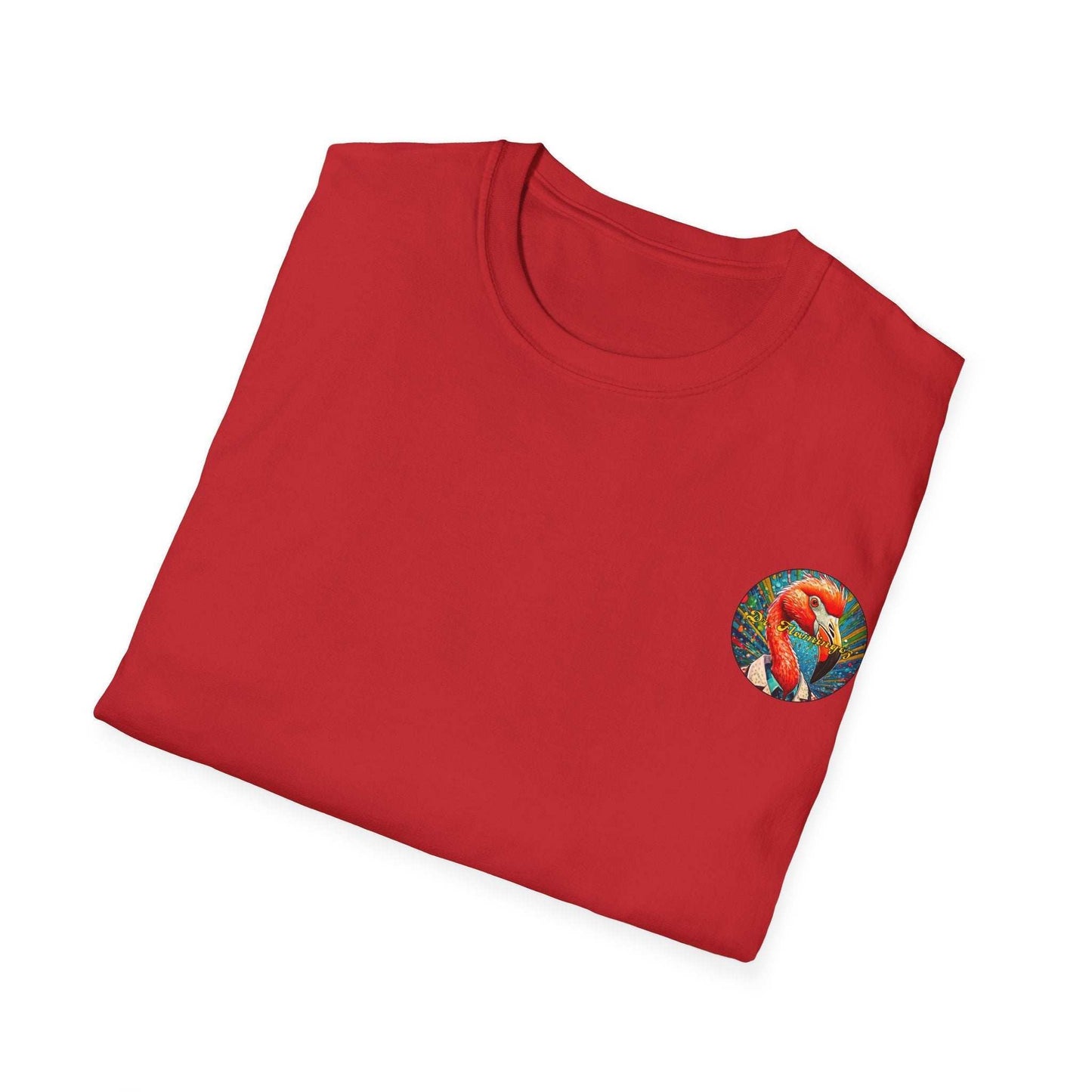 Vibrant flamingo t-shirt with classic fit and ribbed collar, featuring Dr. Flamingoz design.