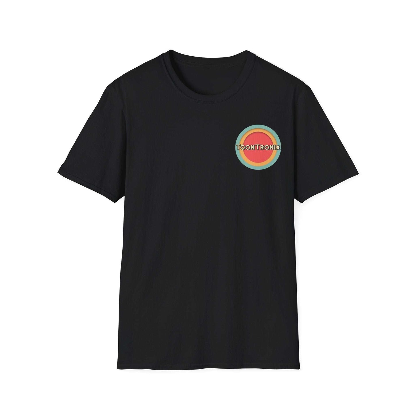 Toontronix Toons Logo Tee, black, classic fit, ribbed collar, 100% cotton.