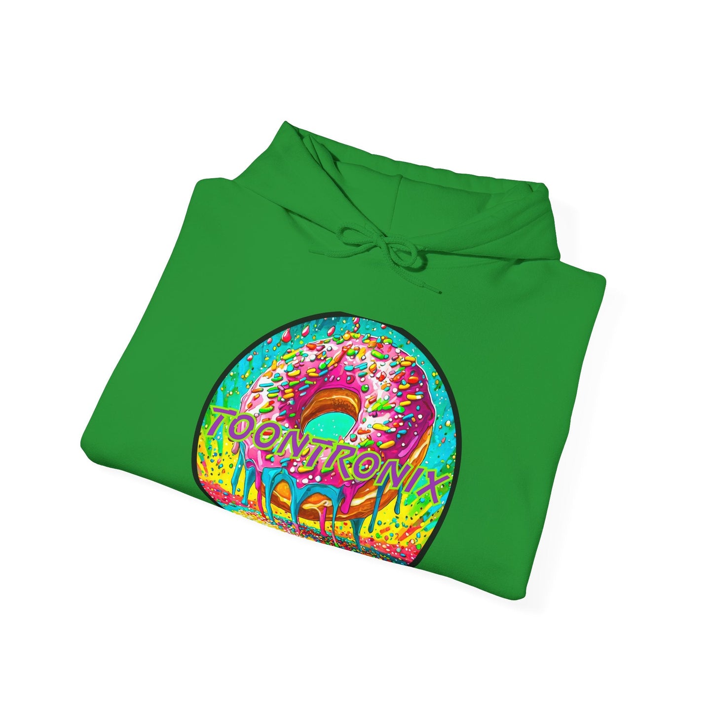 Toontronix Donut Hoodie in green with colorful donut design, unisex heavy blend sweatshirt.