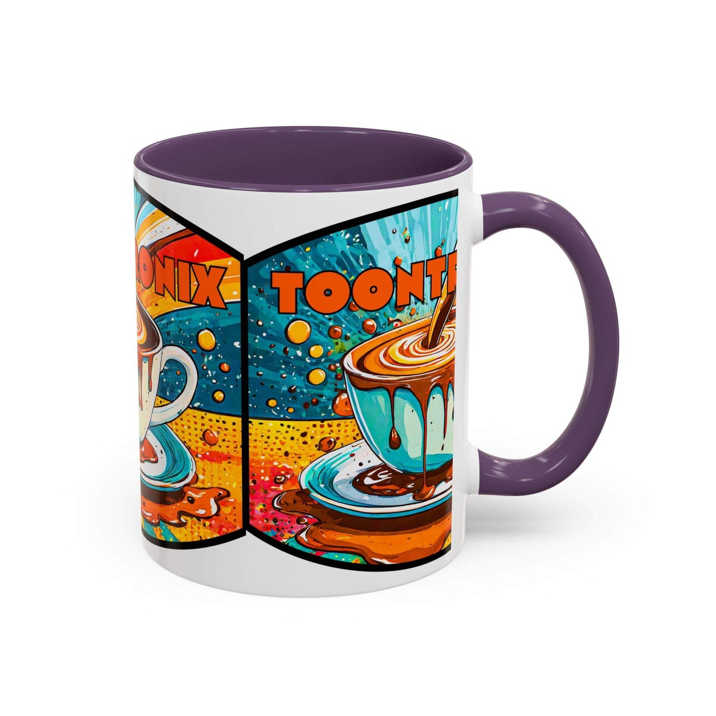 Vibrant coffee mug with colorful retro art design, ideal for coffee lovers and kitchen decor.