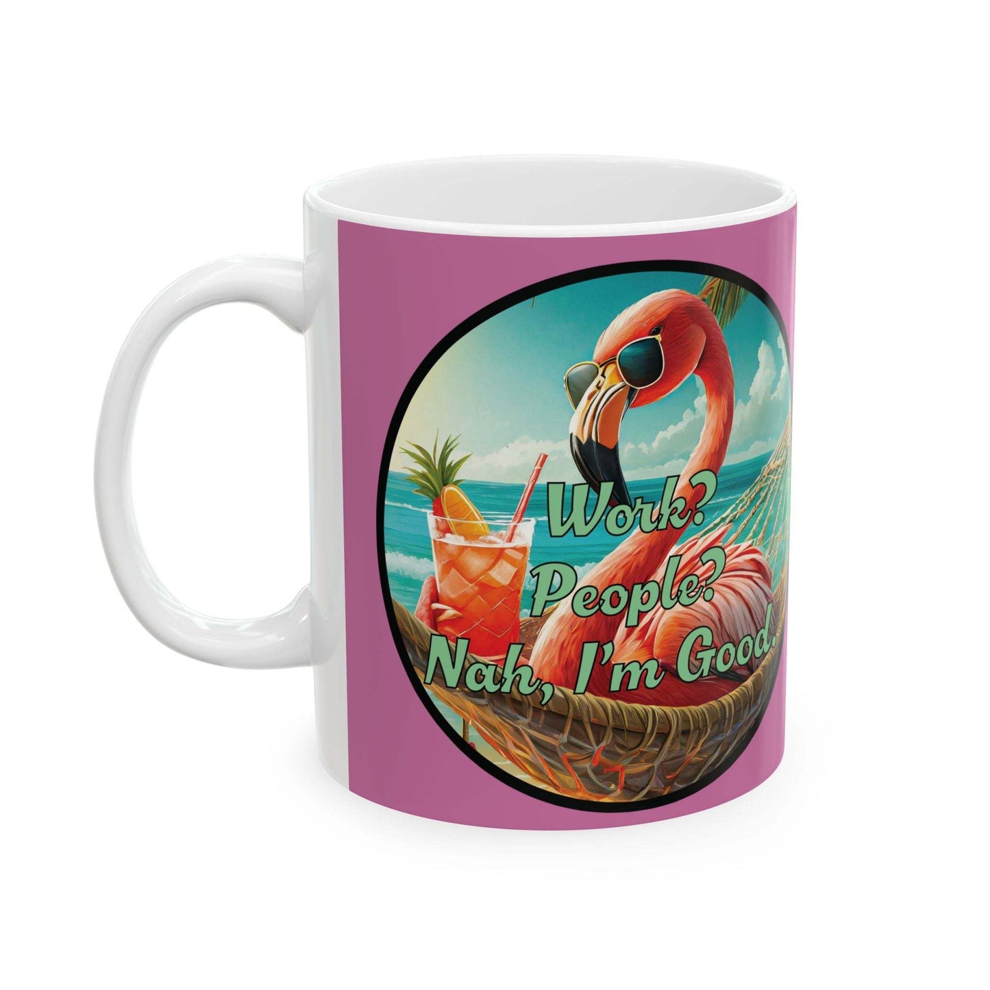 Tropical Flamingo Mug with vibrant beach design, perfect for summer and coffee lovers.