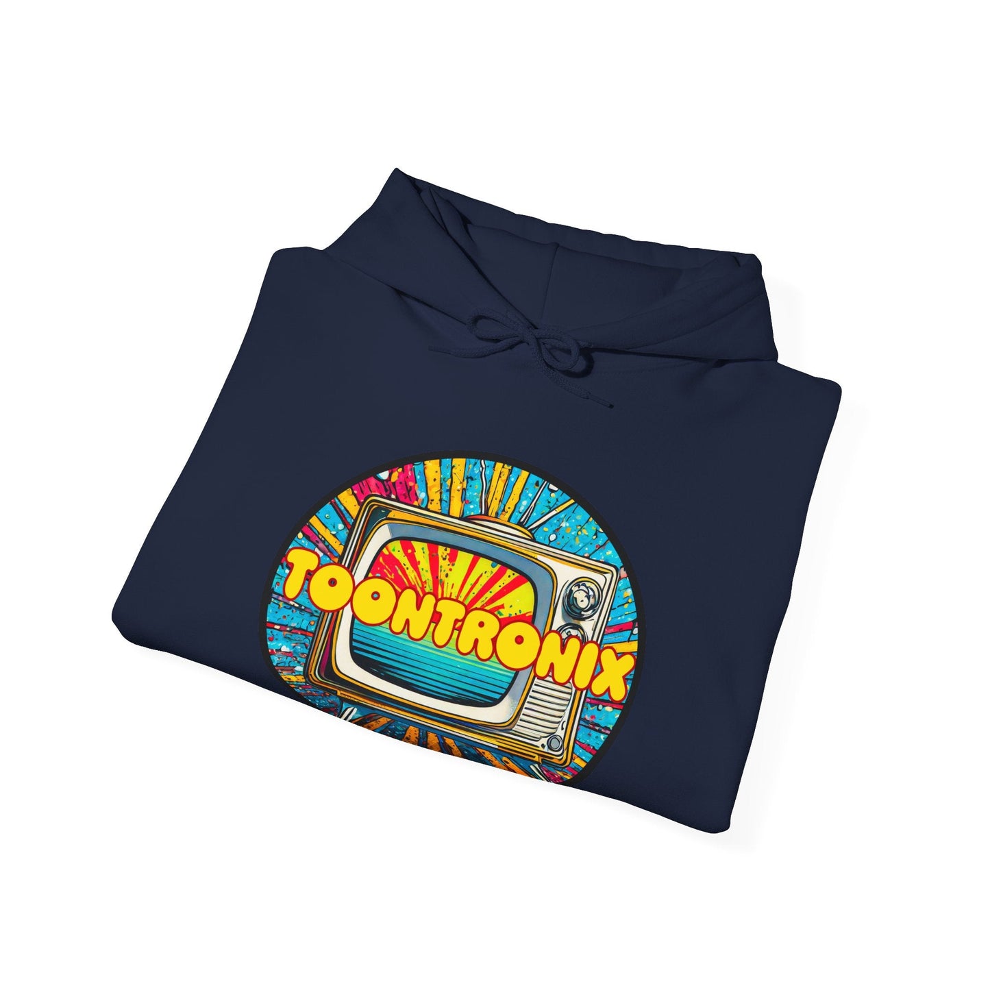 Toontronix Donut Hoodie in navy with colorful retro TV graphic design, unisex heavy blend sweatshirt.