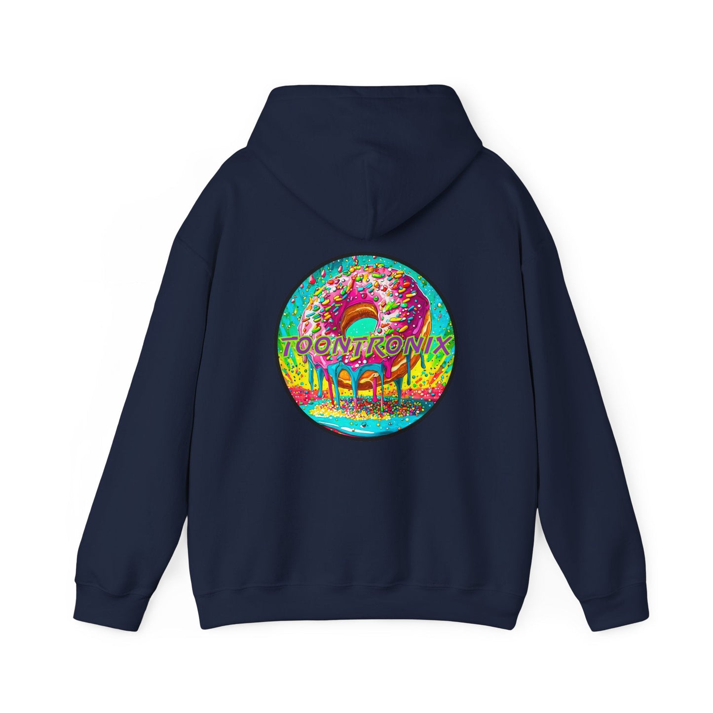 Unisex Toontronix Donut Hoodie with colorful donut design on back, featuring kangaroo pocket and adjustable hood.