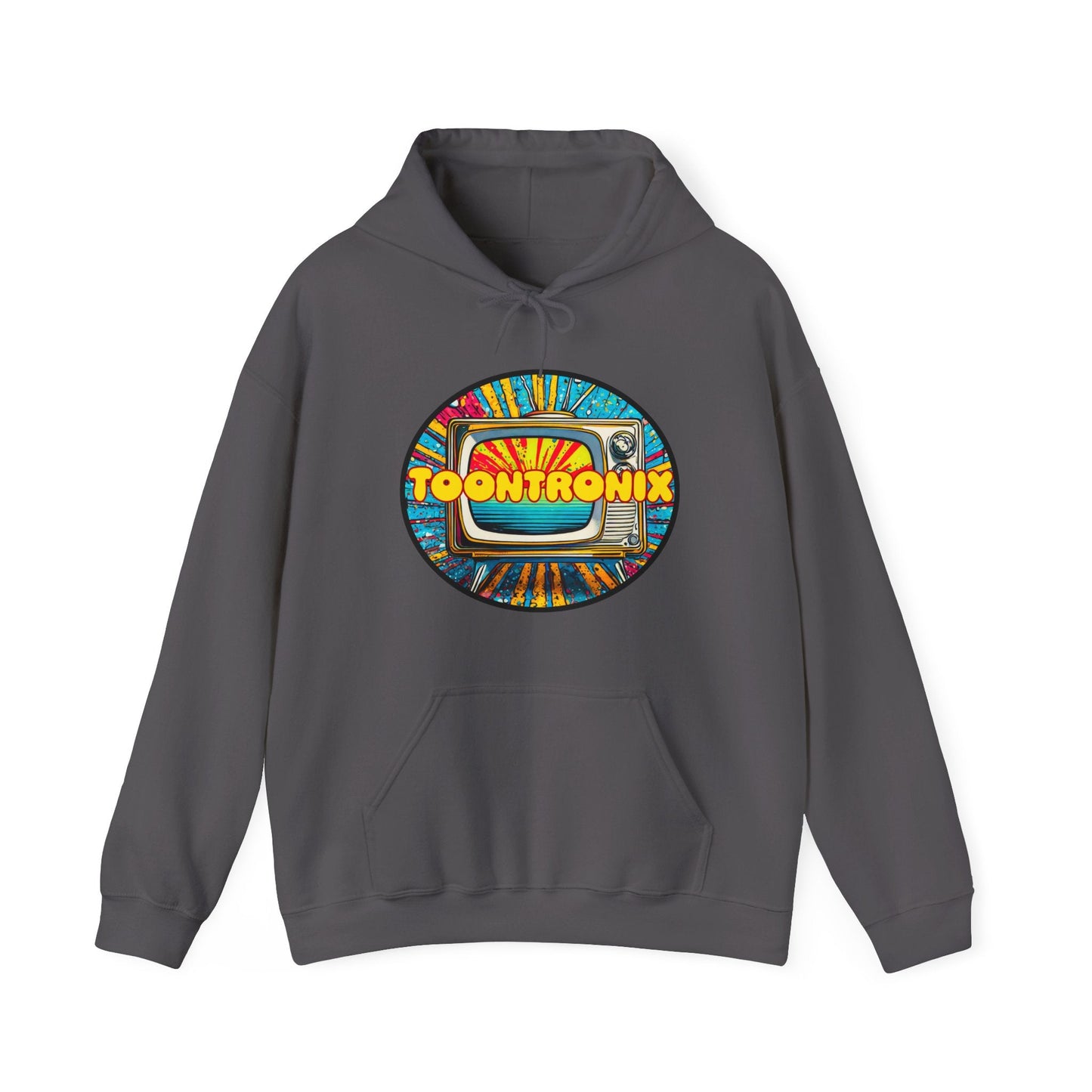 Unisex Toontronix Donut Hoodie with colorful logo, kangaroo pocket, and adjustable drawstring hood.