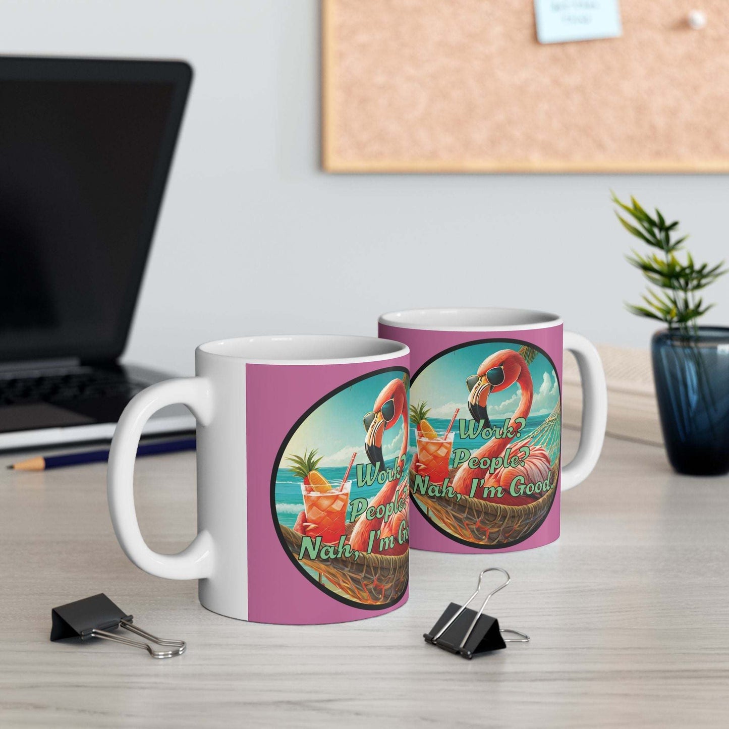 Tropical flamingo mug with vibrant colors and glossy finish, perfect for coffee lovers and beach enthusiasts.
