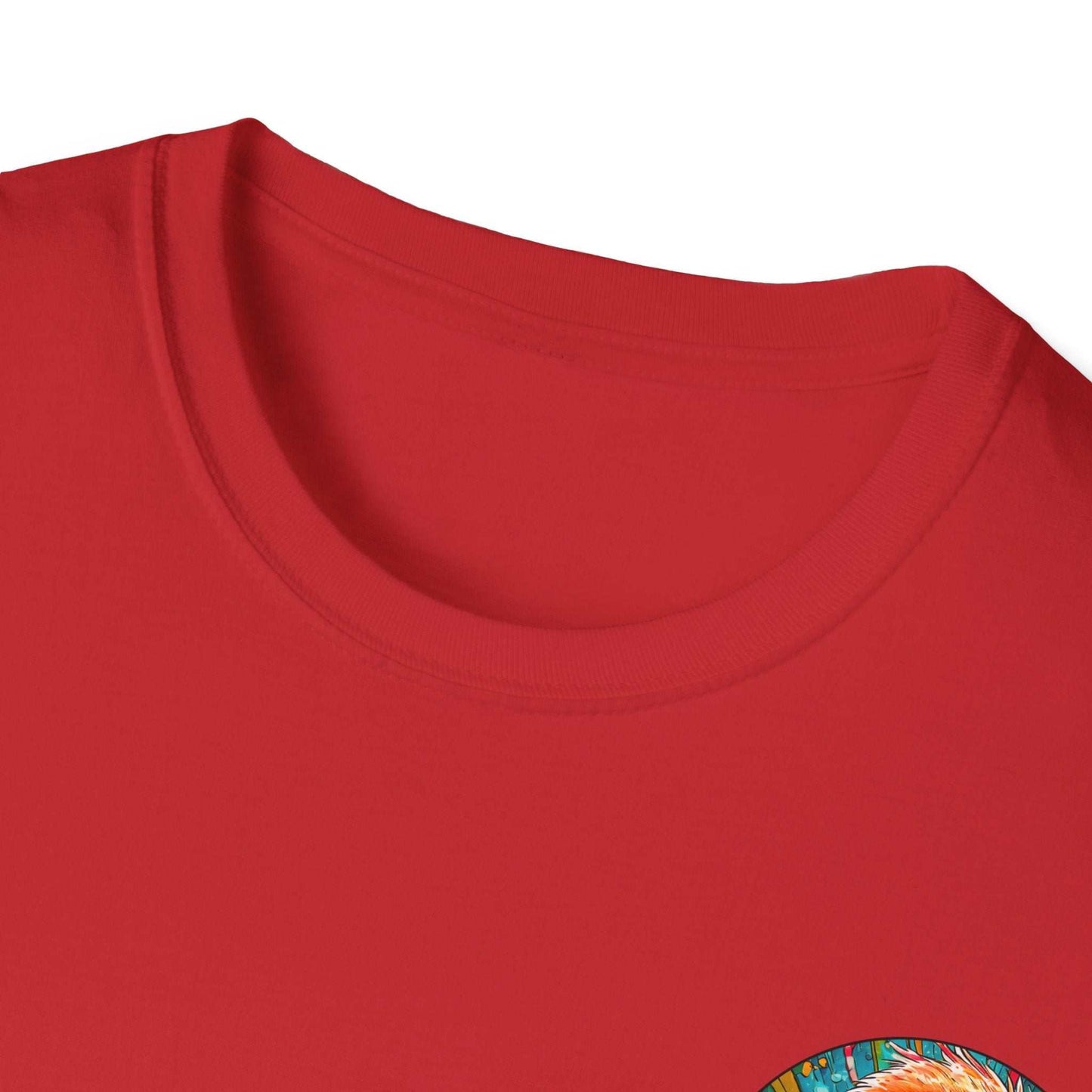 Red Dr. Flamingoz unisex T-shirt with ribbed collar and tropical design.