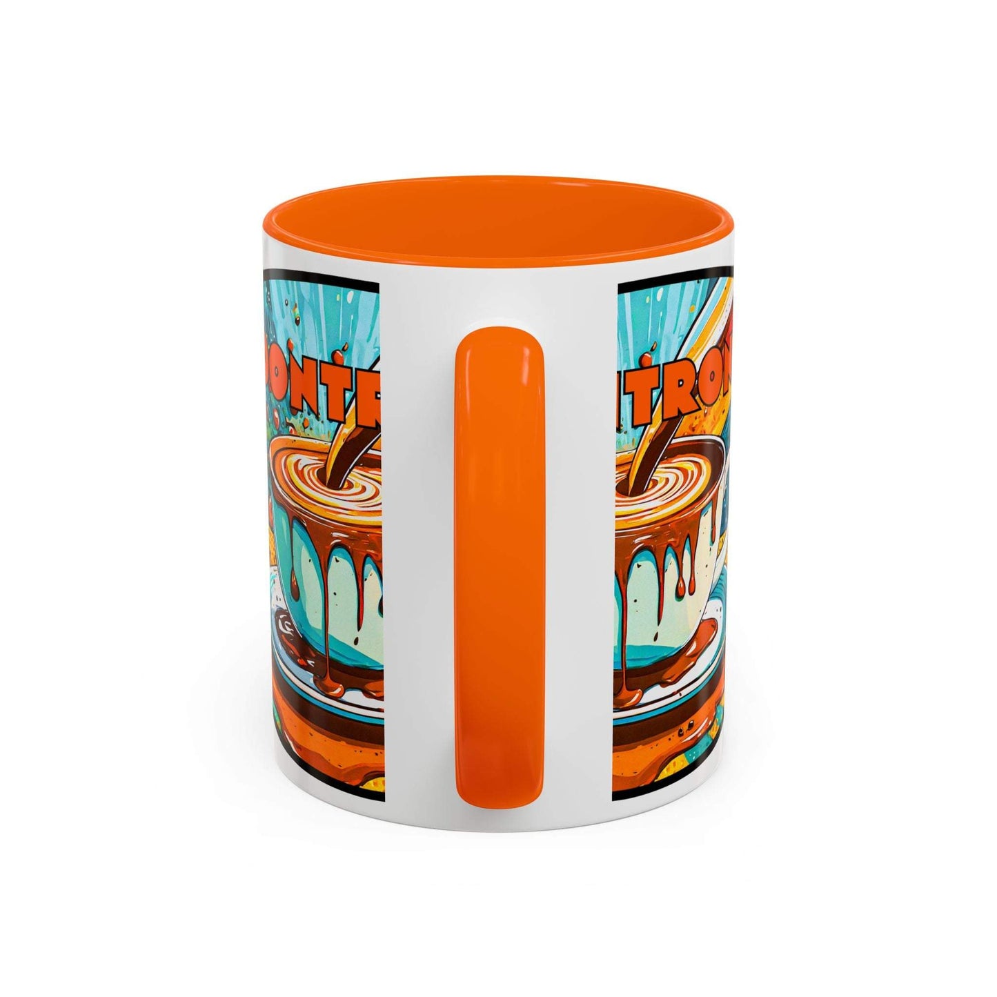 Vibrant coffee mug with colorful ceramic design and retro art, ideal for coffee lovers.