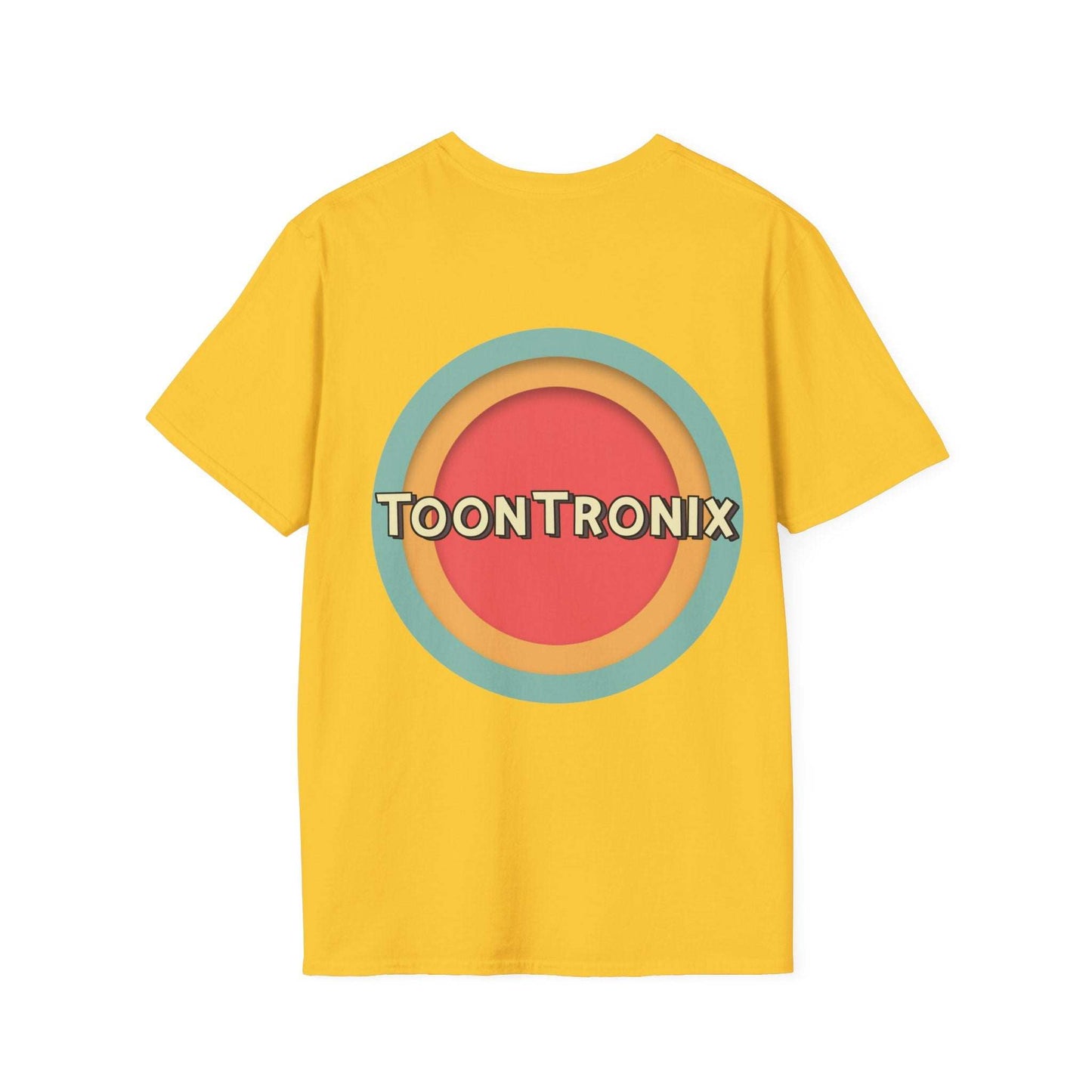 Yellow Toontronix Toons Logo Tee with classic fit and ribbed collar, featuring circular graphic design. Made of 100% cotton for durability and comfort.