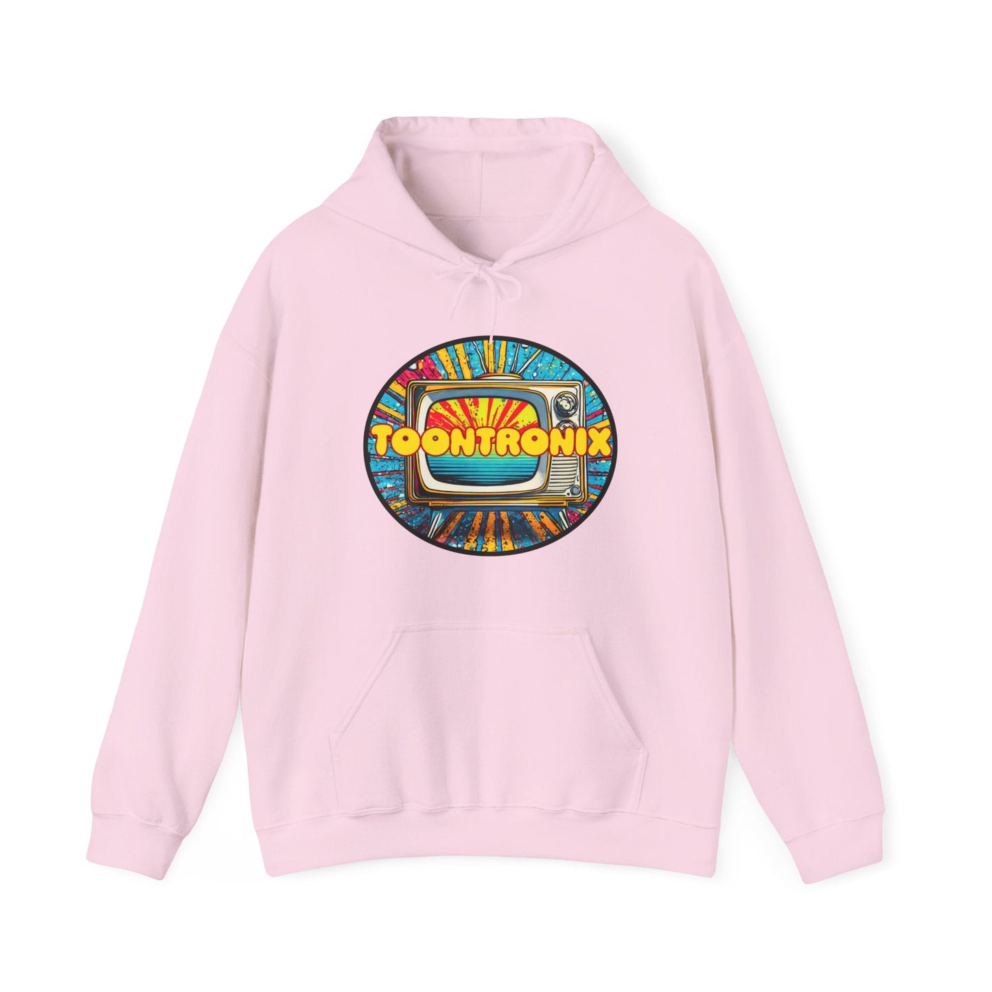 Toontronix TV Hoodie in pink with colorful logo design, unisex heavy blend sweatshirt.