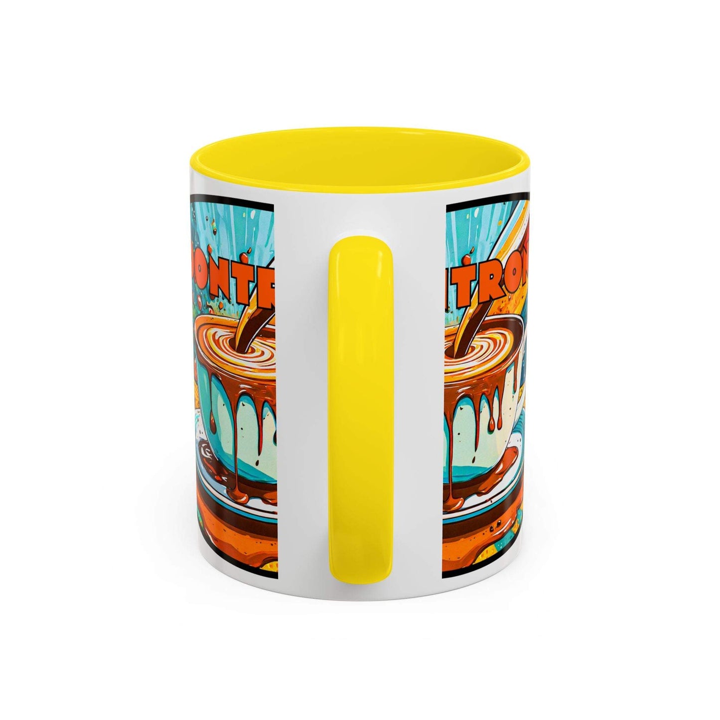 Vibrant Coffee Mug with colorful design and yellow handle, perfect for coffee lovers.