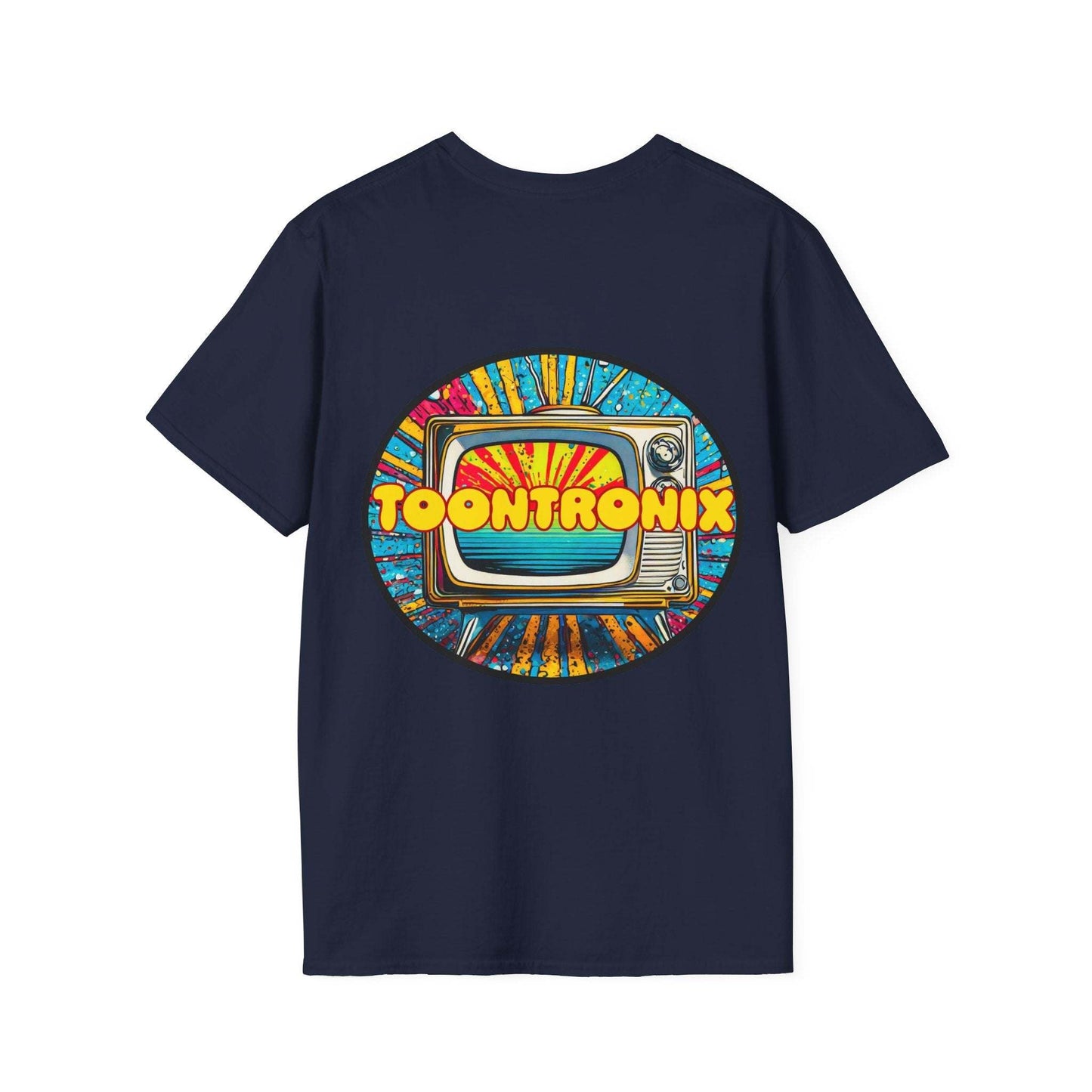 Toontronix Tv Tee Unisex Shirt with colorful retro television graphic on the back, classic fit, 100% cotton.
