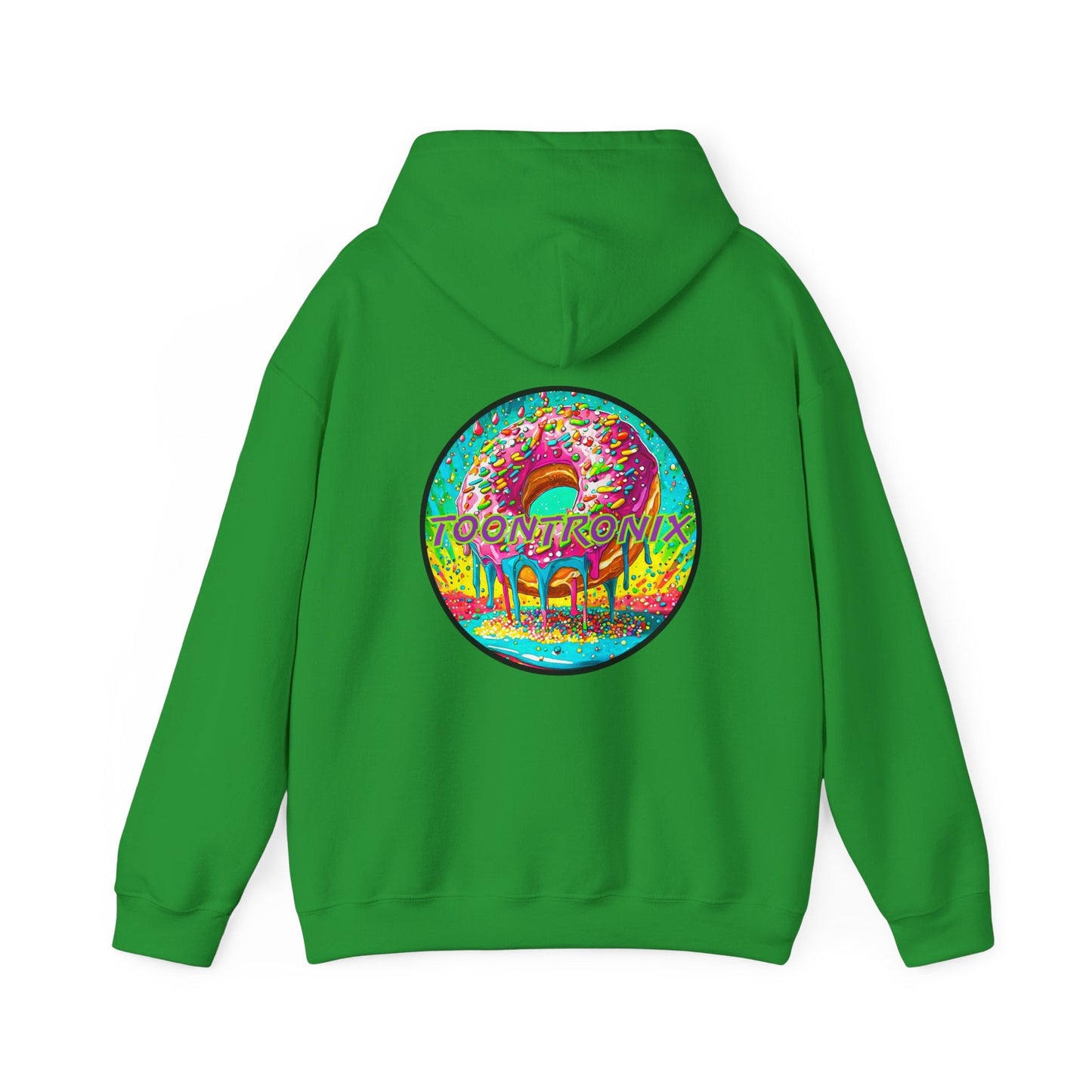 Unisex green hoodie with a colorful donut design on the back, featuring a spacious kangaroo pocket and adjustable drawstring hood.