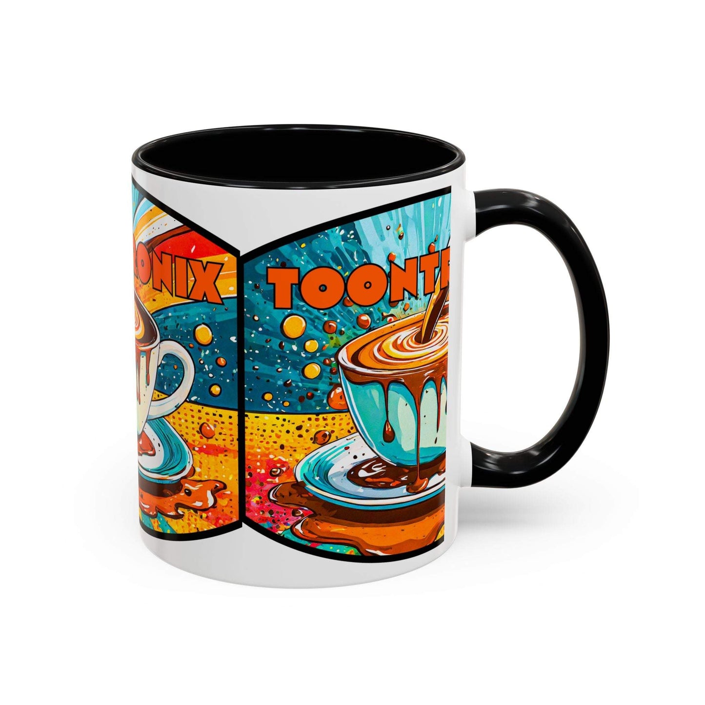 Vibrant ceramic coffee mug with colorful retro art design, featuring black handle and interior.